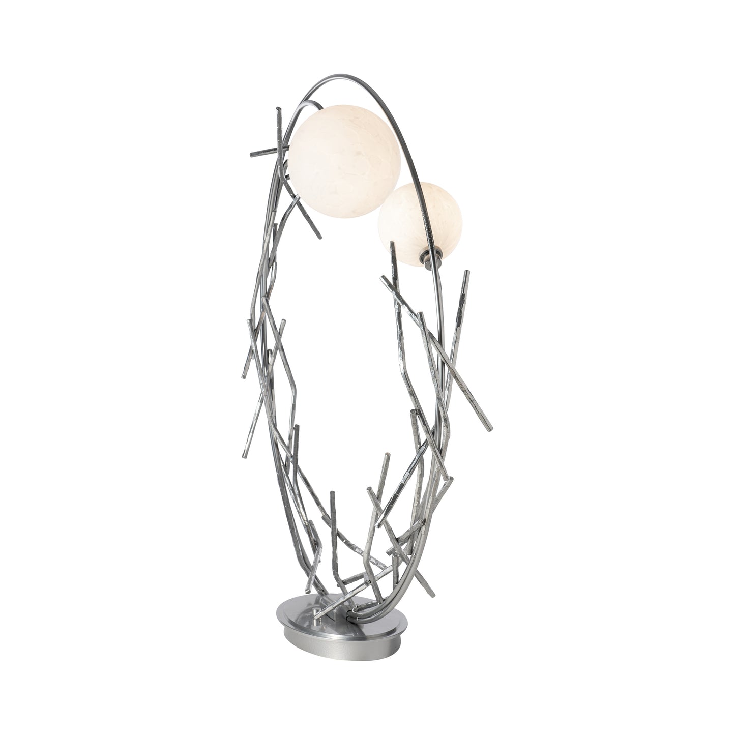Brindille Ring Lamp by Hubbardton Forge with unique silver branch-inspired frame and two white globe shades, handcrafted to complement fine American-made furniture.