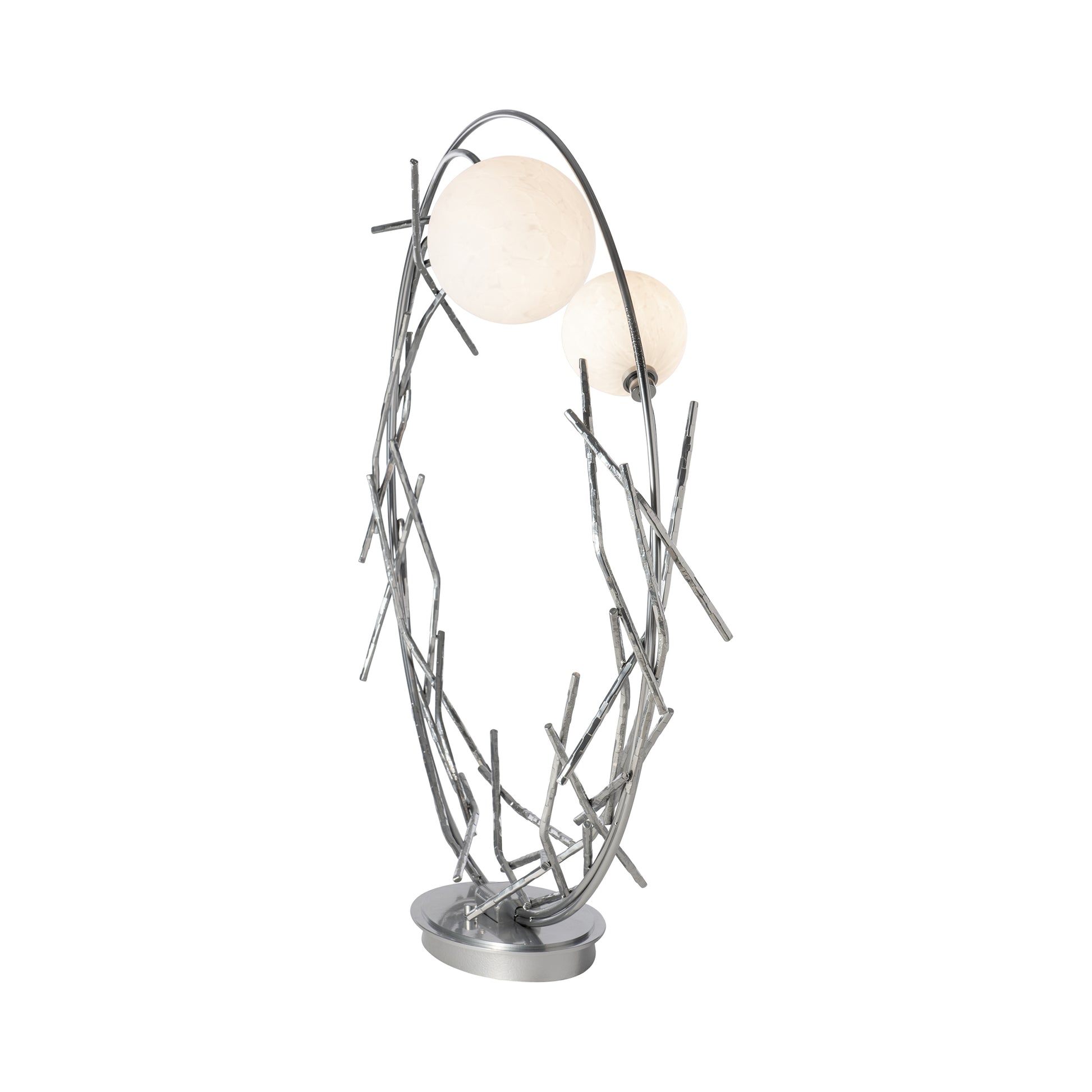 Brindille Ring Lamp by Hubbardton Forge with unique silver branch-inspired frame and two white globe shades, handcrafted to complement fine American-made furniture.