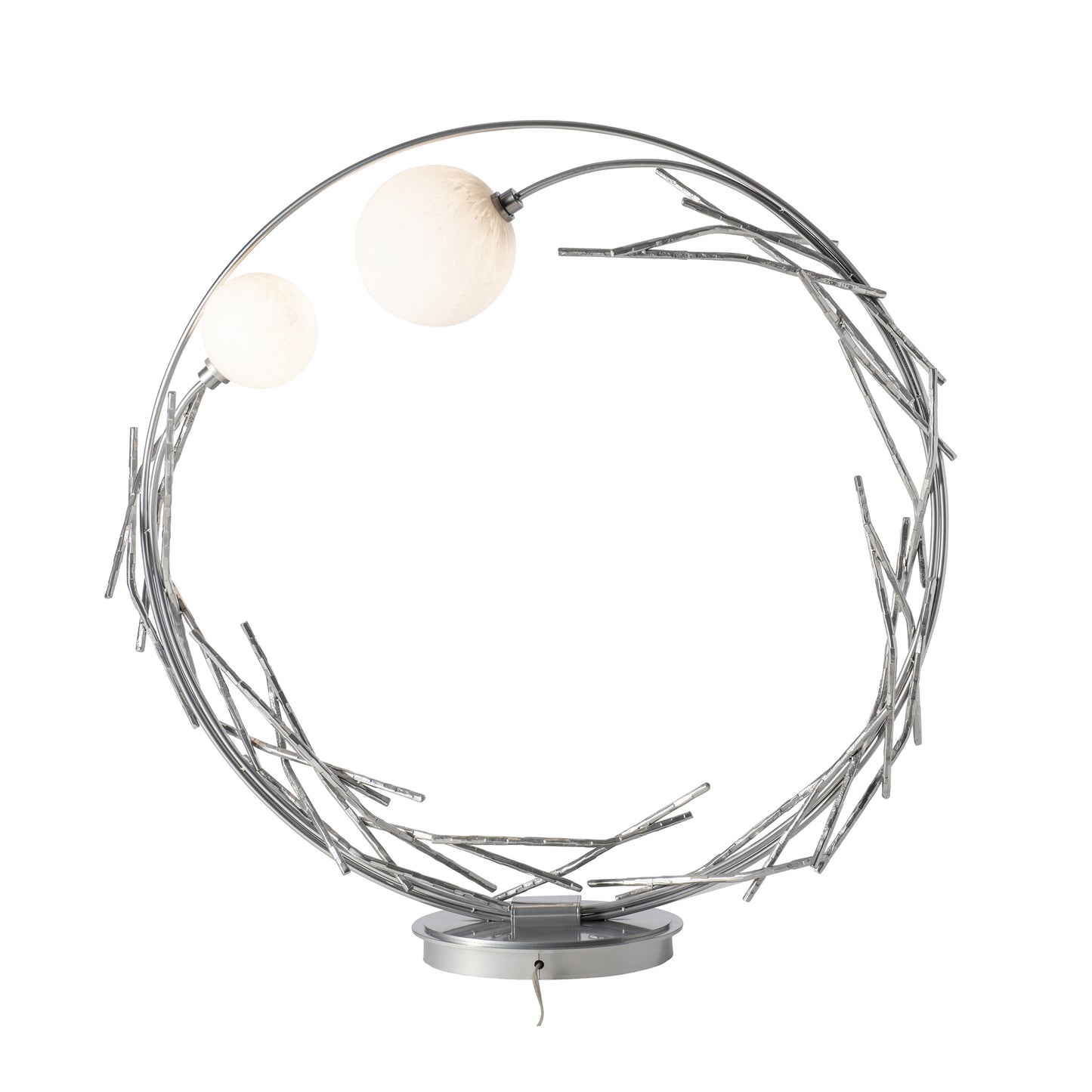 The Brindille Ring Lamp by Hubbardton Forge showcases a modern circular frame and globe bulbs, highlighting American craftsmanship and elegant design.