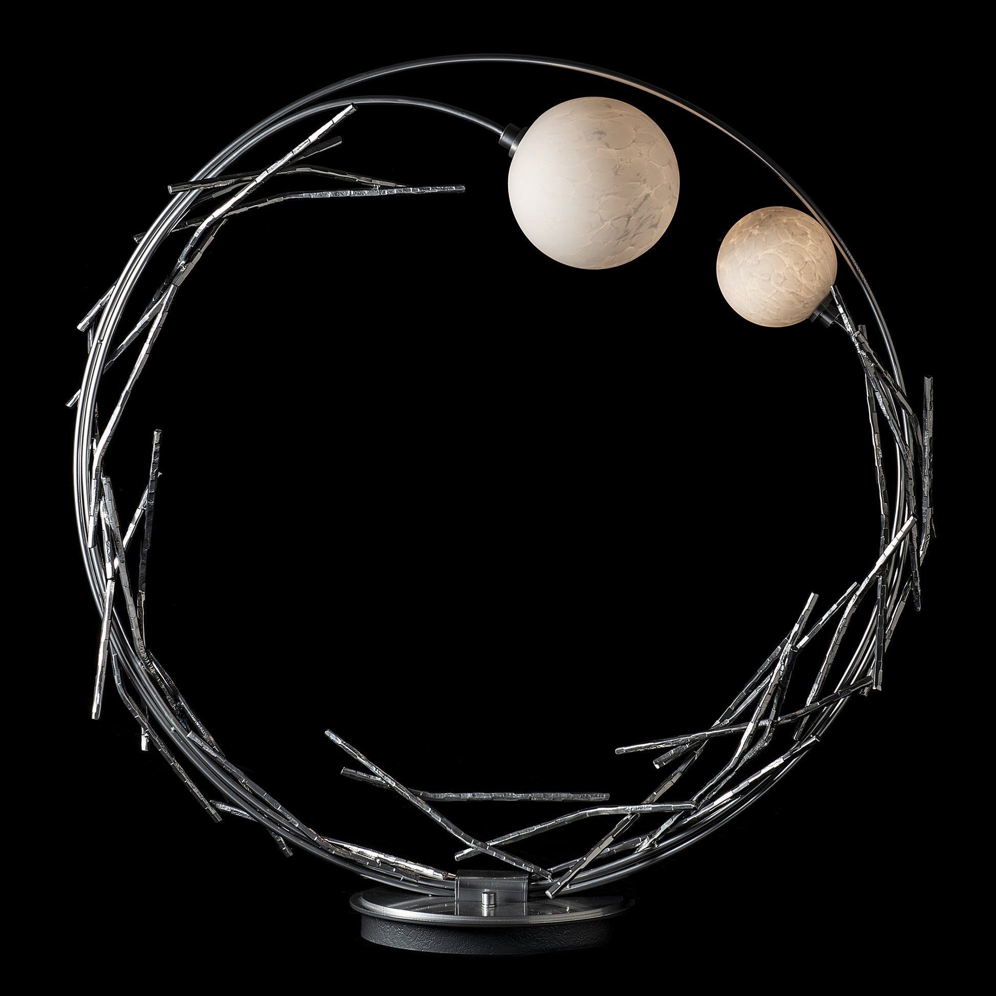 Brindille Ring Lamp by Hubbardton Forge showcases handcrafted birch-inspired metalwork and marble-like lights, highlighting Vermont-made artisan design.