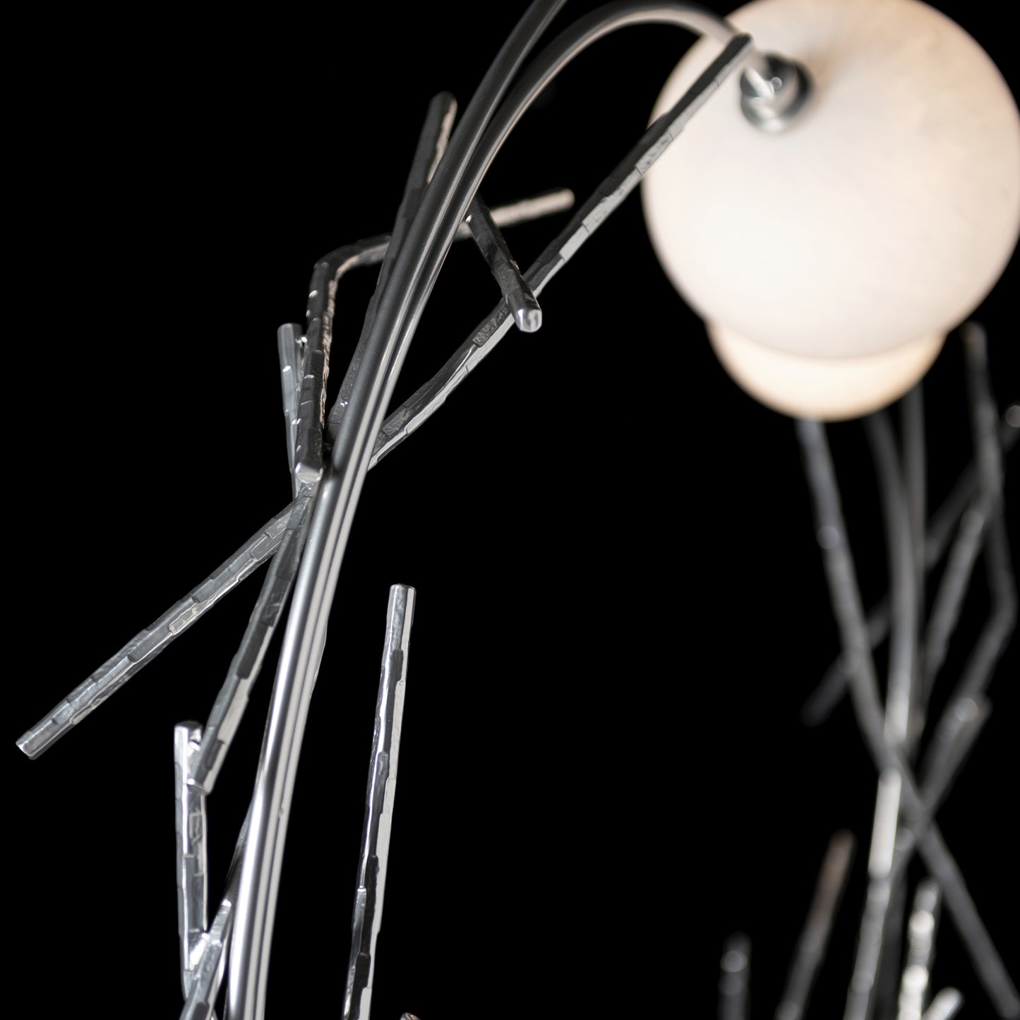 Brindille Ring Lamp by Hubbardton Forge with elegant curved rods and two white glass globes, American-made lighting craftsmanship.