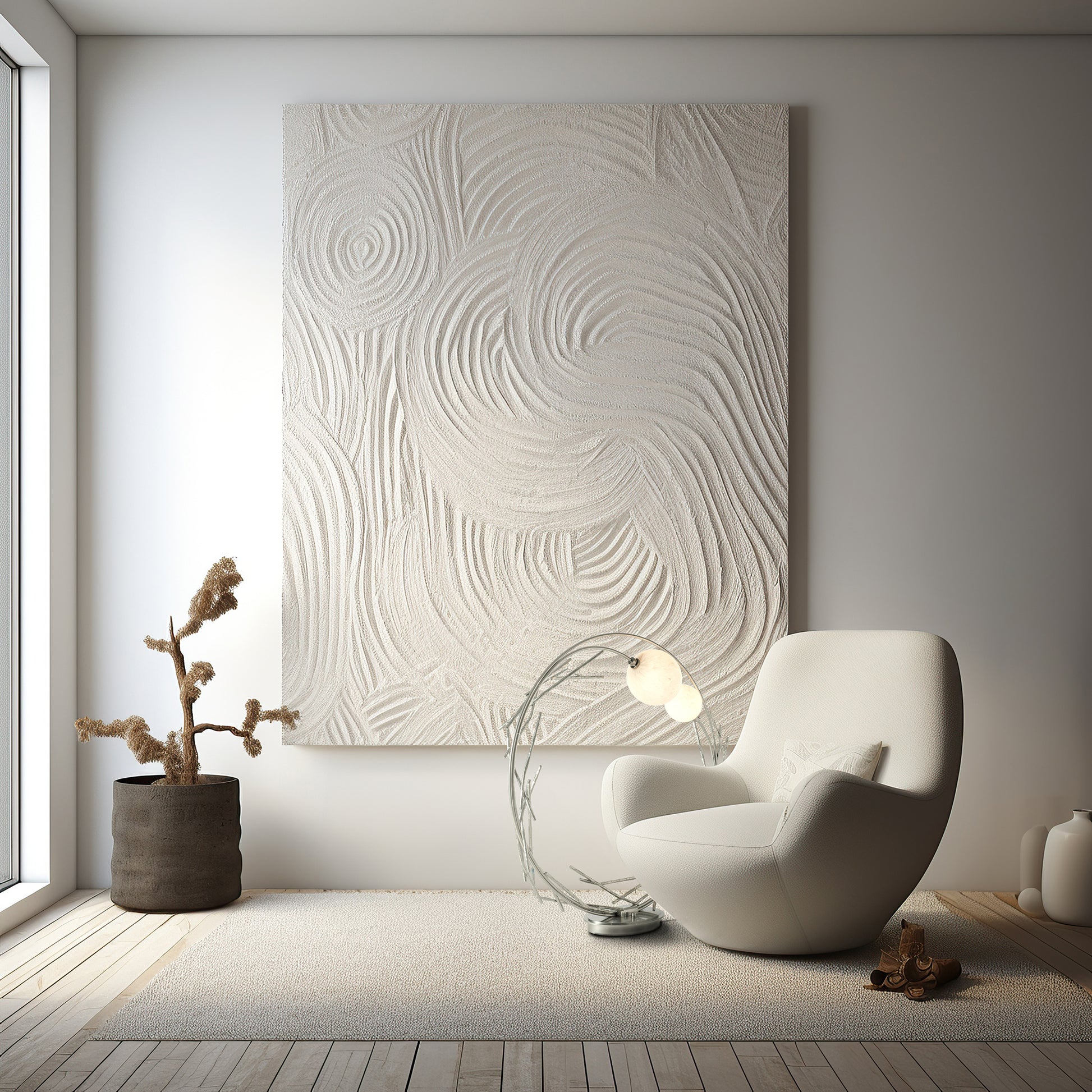 Modern white armchair with sleek design, handcrafted in America, showcased in a minimalist room to highlight quality furniture craftsmanship.