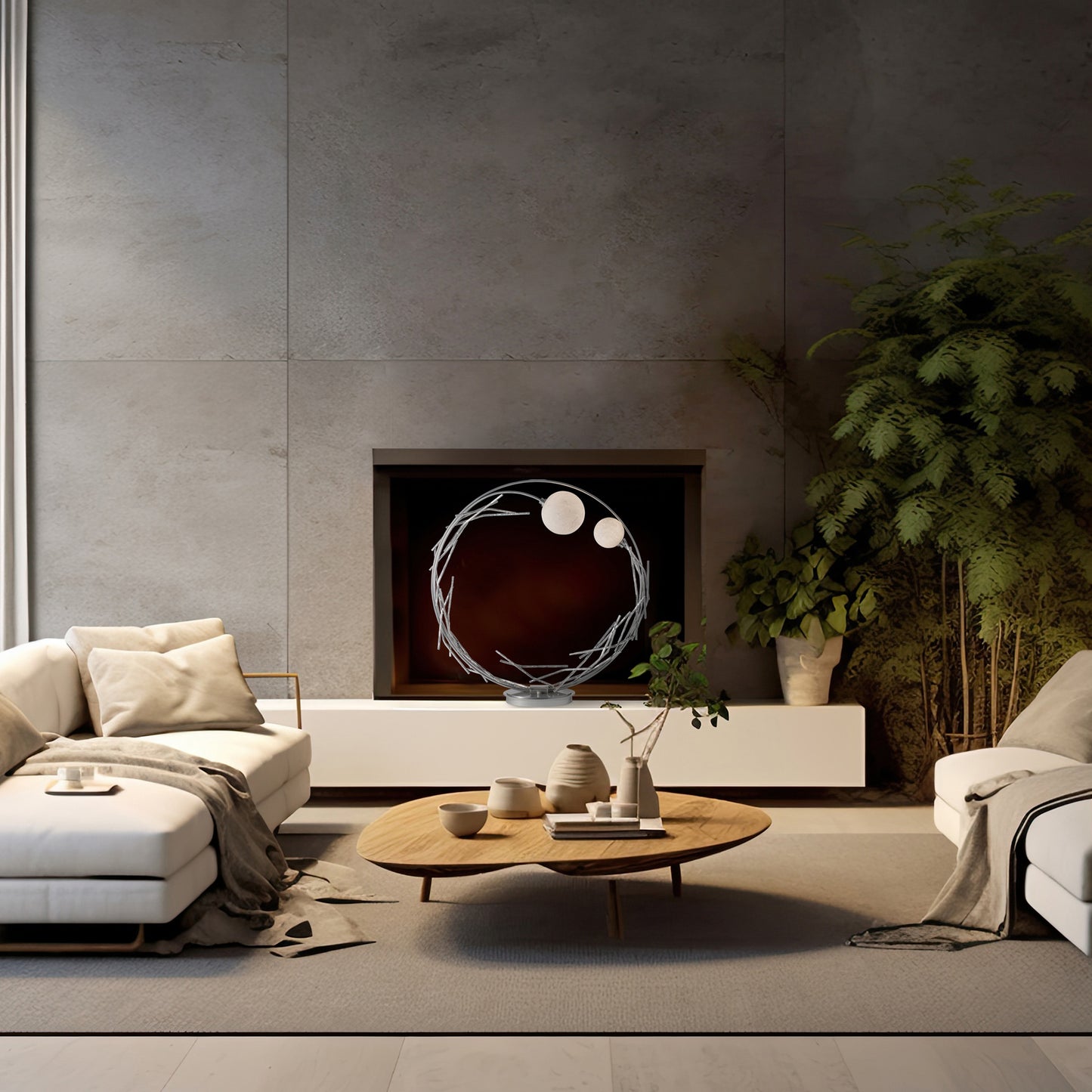 American-made modern living room furniture featuring two neutral-tone sofas and a round wood table, crafted for quality by Vermont artisans.