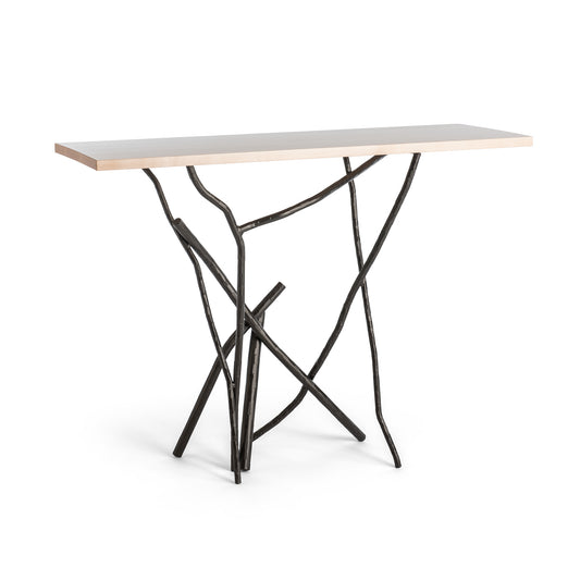 Brindille Wood Top Console Table by Hubbardton Forge with a sleek Vermont Maple top and unique black metal branch-like legs.