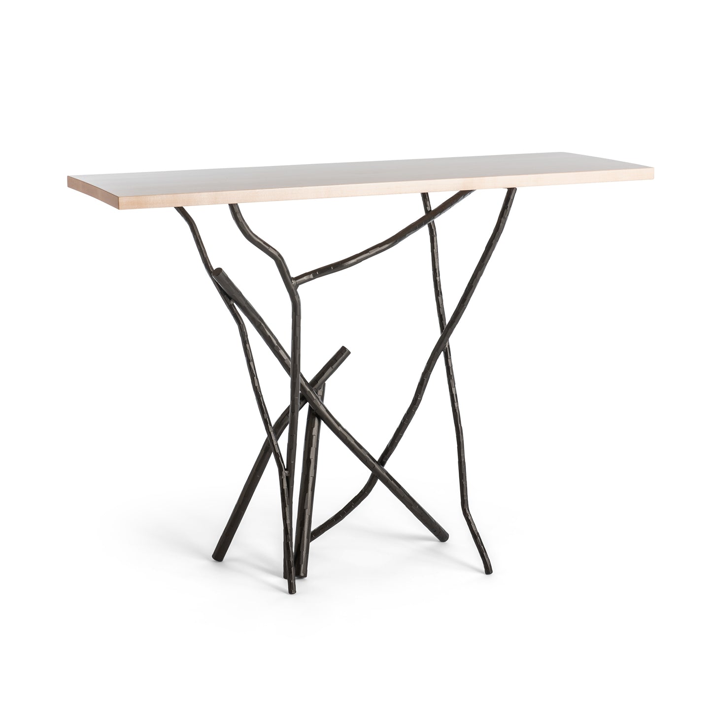 Introduce sophistication into your home with the modern Brindille Wood Top Console Table by Hubbardton Forge. This designer piece showcases a light-colored rectangular wooden top paired with a uniquely artistic black metal base resembling abstract branches, embodying elegant minimalist design.