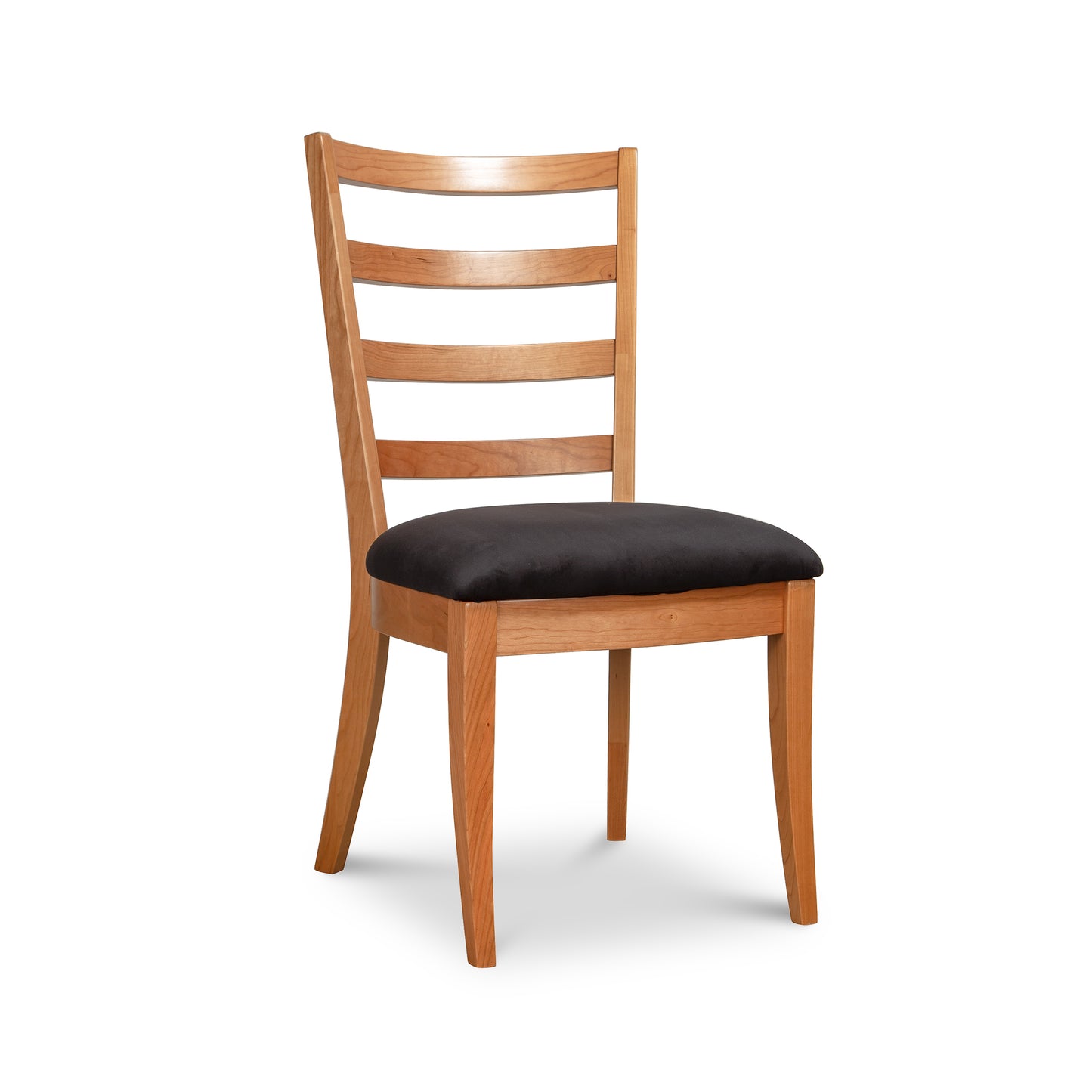 Vermont Woods Studios Bromley Ladder-Back Chair with cushioned upholstered seat, handcrafted in America, highlighting detailed woodwork and comfort.