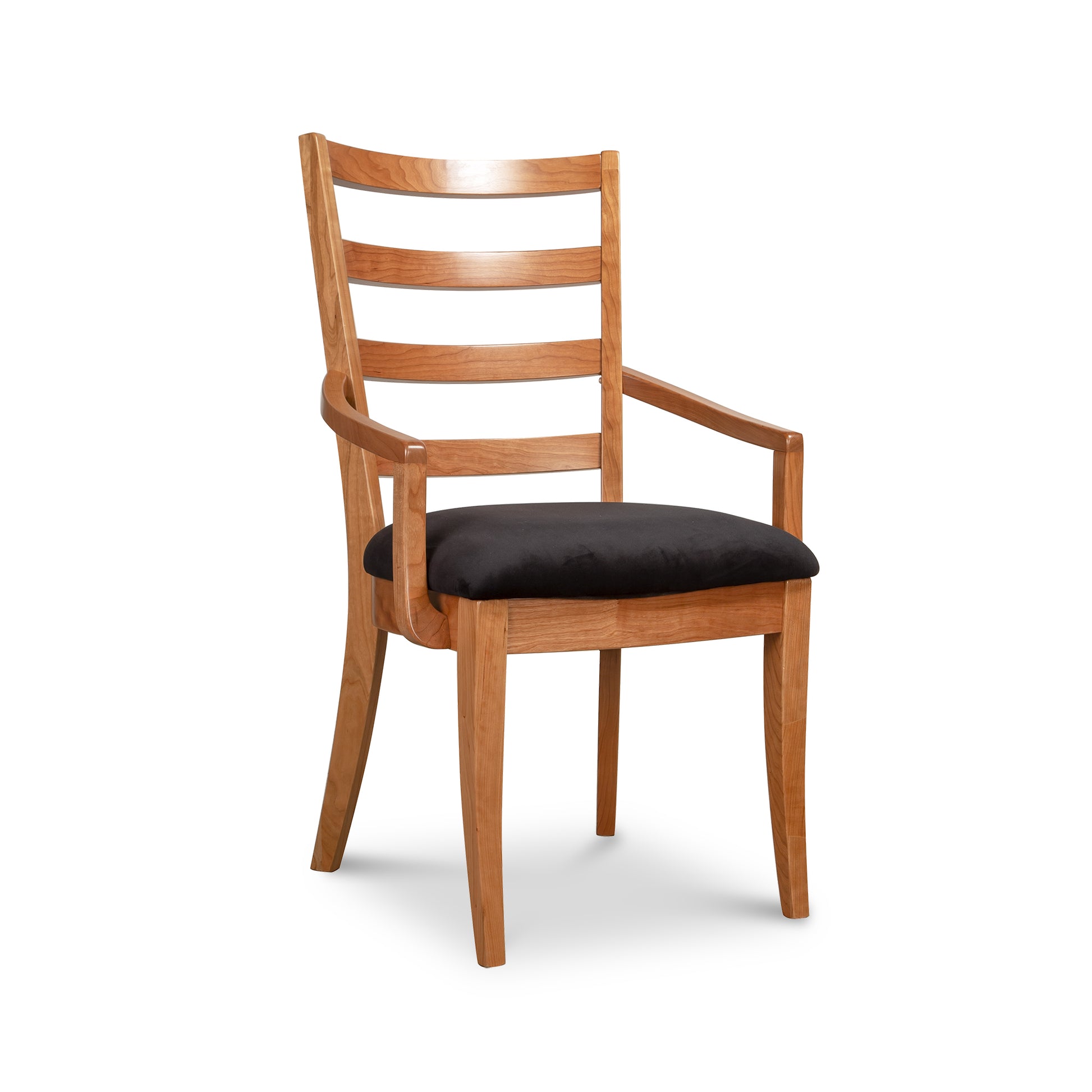 Bromley Ladder-Back Chair by Vermont Woods Studios crafted in natural wood with a black upholstered seat, highlighting fine American craftsmanship.