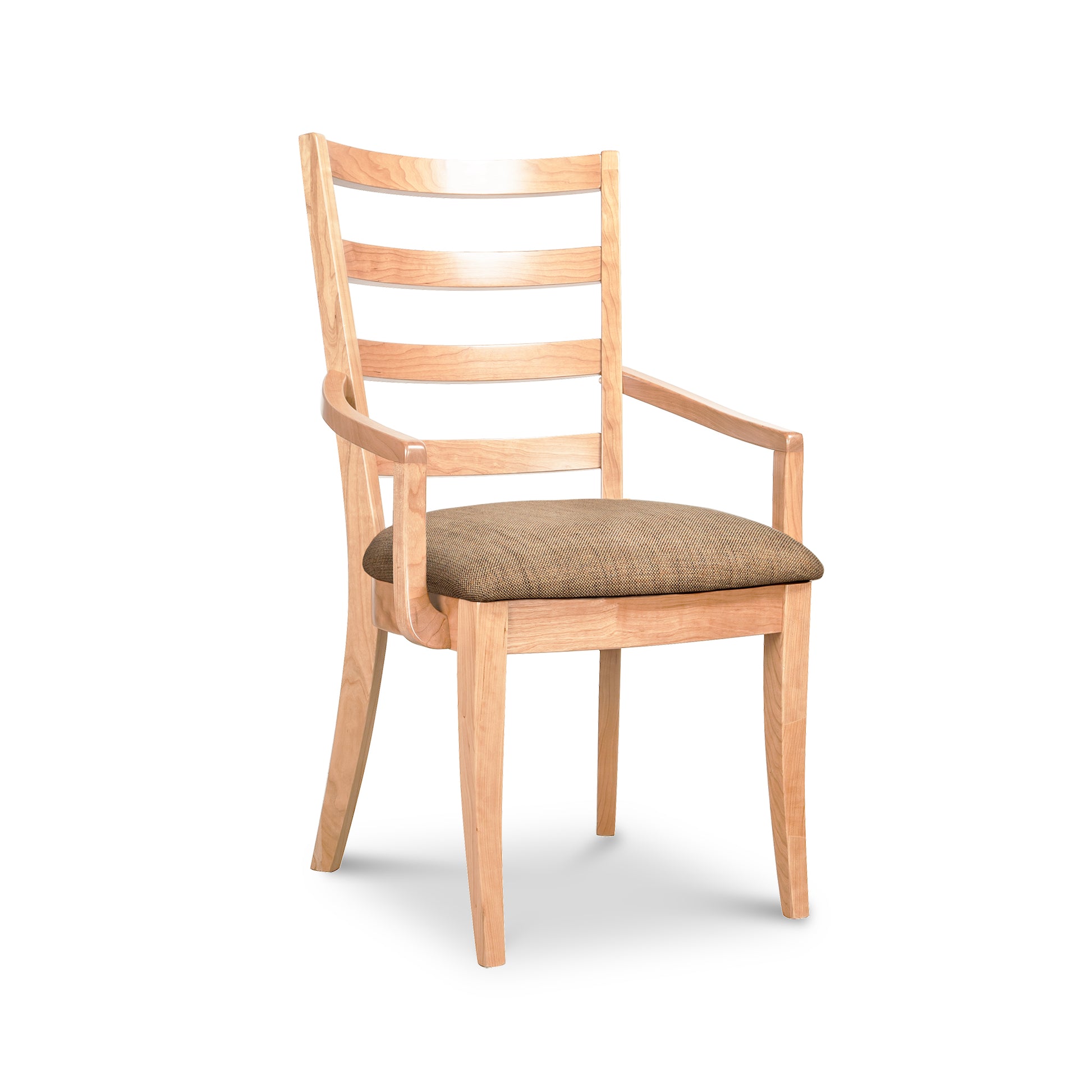 Bromley Ladder-Back Chair by Vermont Woods Studios with armrests and brown upholstered seat, showcasing expert craftsmanship and American-made quality.