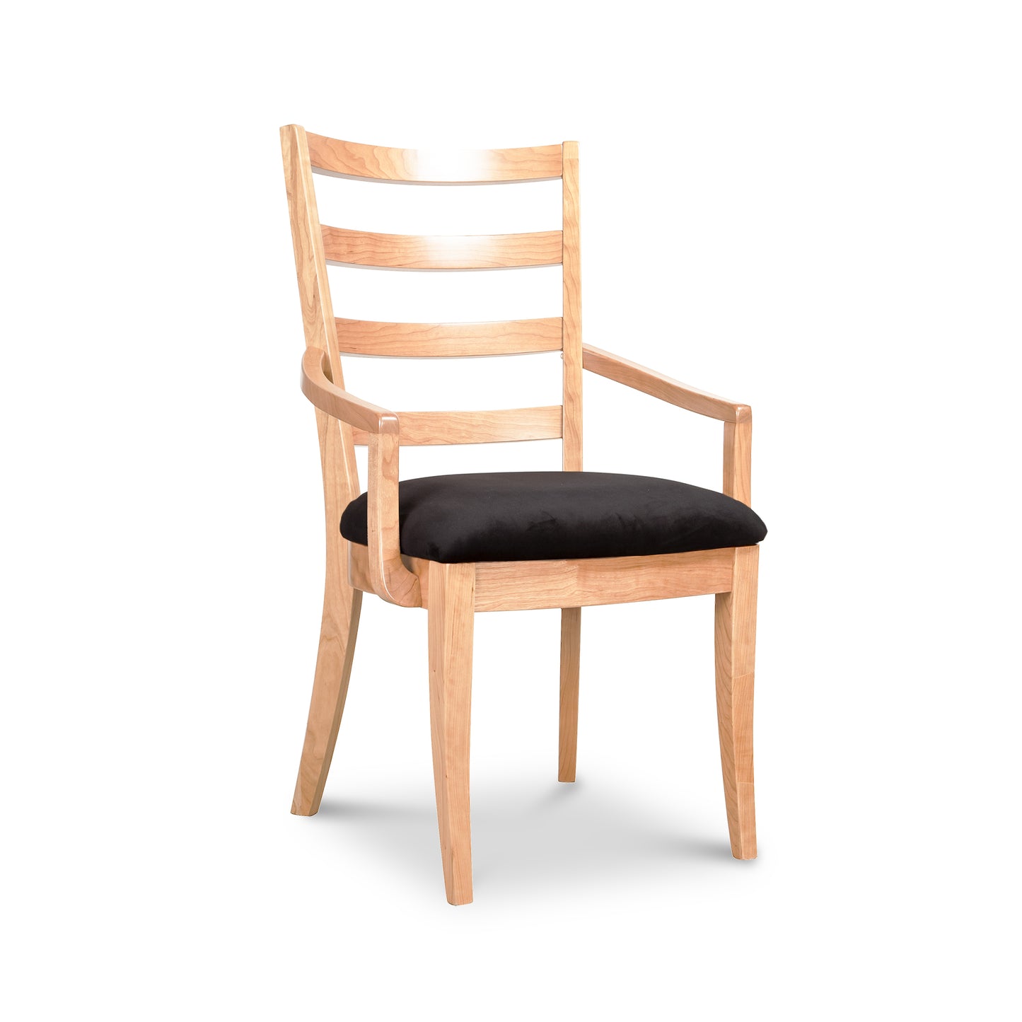 Bromley Ladder-Back Chair with armrests and black upholstered seat by Vermont Woods Studios, showcasing American craftsmanship.