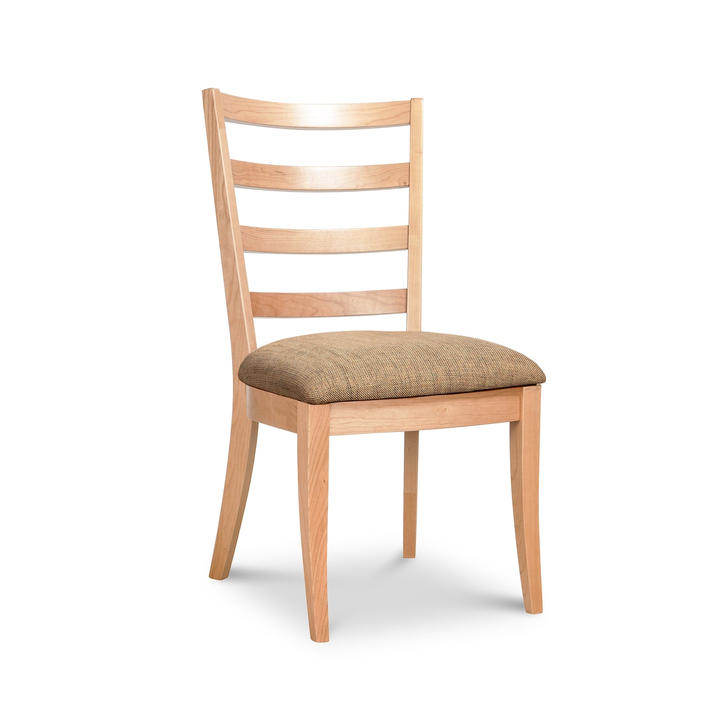 Bromley Ladder-Back Chair by Vermont Woods Studios, crafted from natural wood with a brown upholstered seat. American made, high quality craftsmanship.