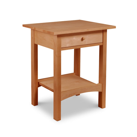 Vermont Furniture Designs Burlington Shaker 1-Drawer Open Shelf Nightstand, a wooden side table with a single drawer and a lower shelf, isolated on a white background.