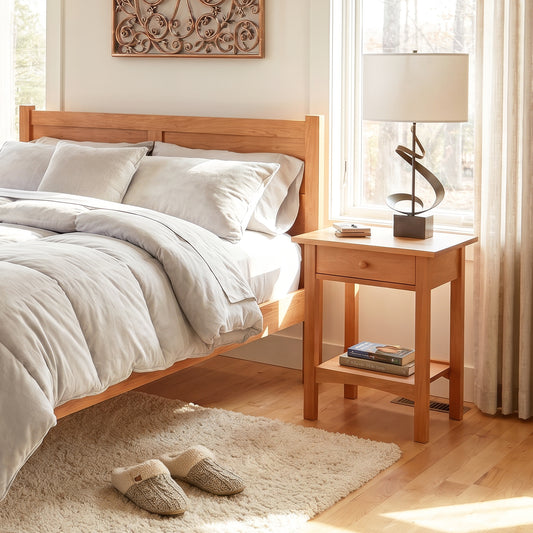 Burlington Shaker 1-Drawer Open Shelf Nightstand by Vermont Furniture Designs, crafted in wood and bathed in sunlight, positioned next to a bed.