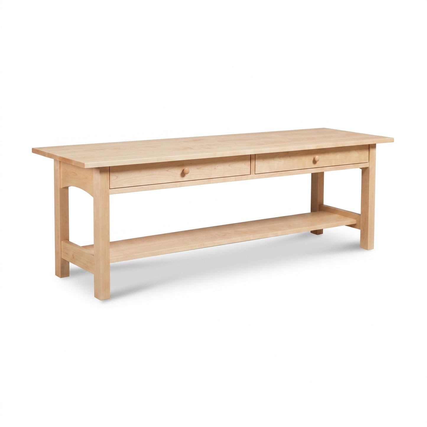 Burlington Shaker 2-Drawer Coffee Table in solid cherry by Vermont Furniture Designs, featuring shelf and straight legs, handcrafted in Vermont.