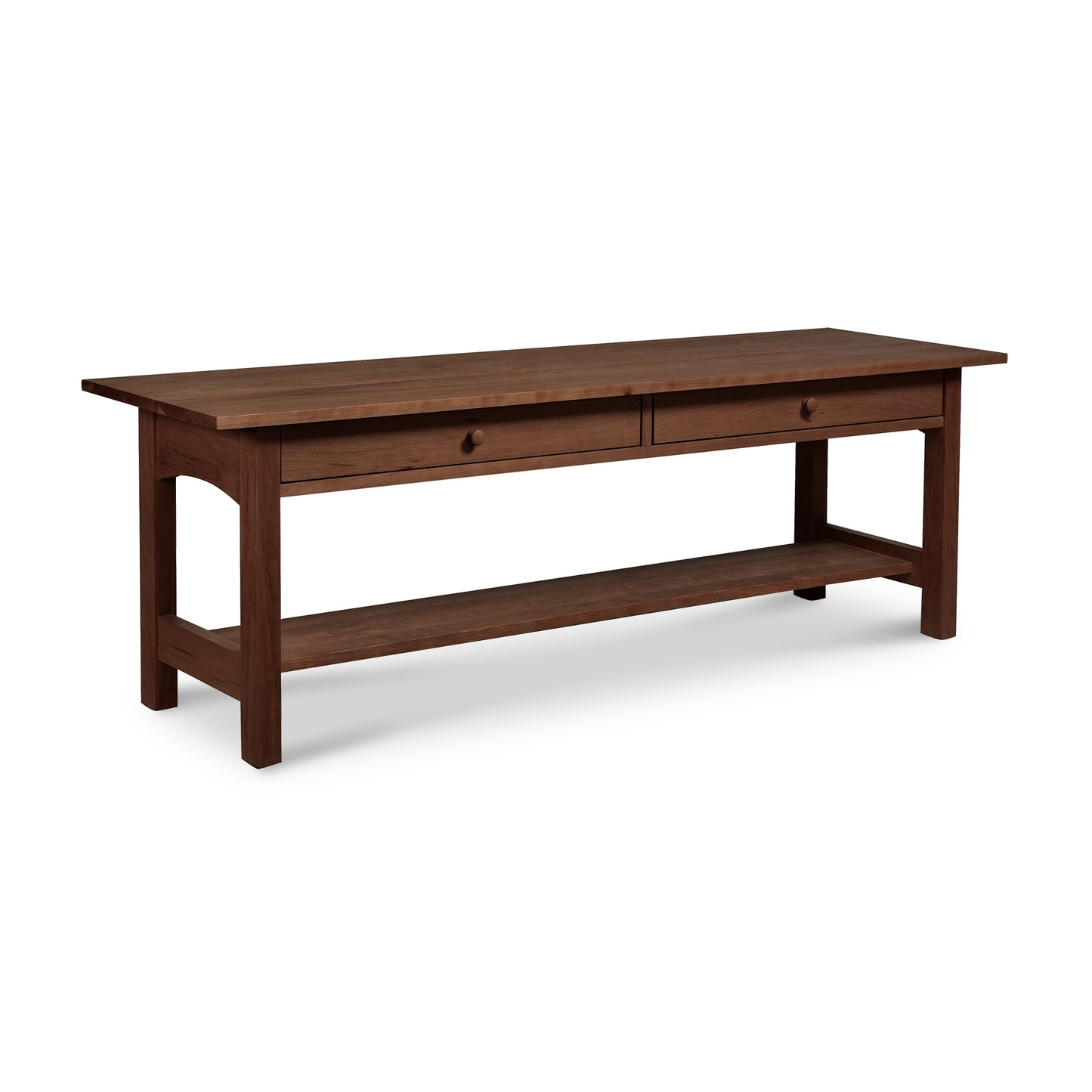 An eco-friendly Burlington Shaker 2-Drawer Coffee Table with a lower shelf, isolated on a white background. Made by Vermont Furniture Designs.