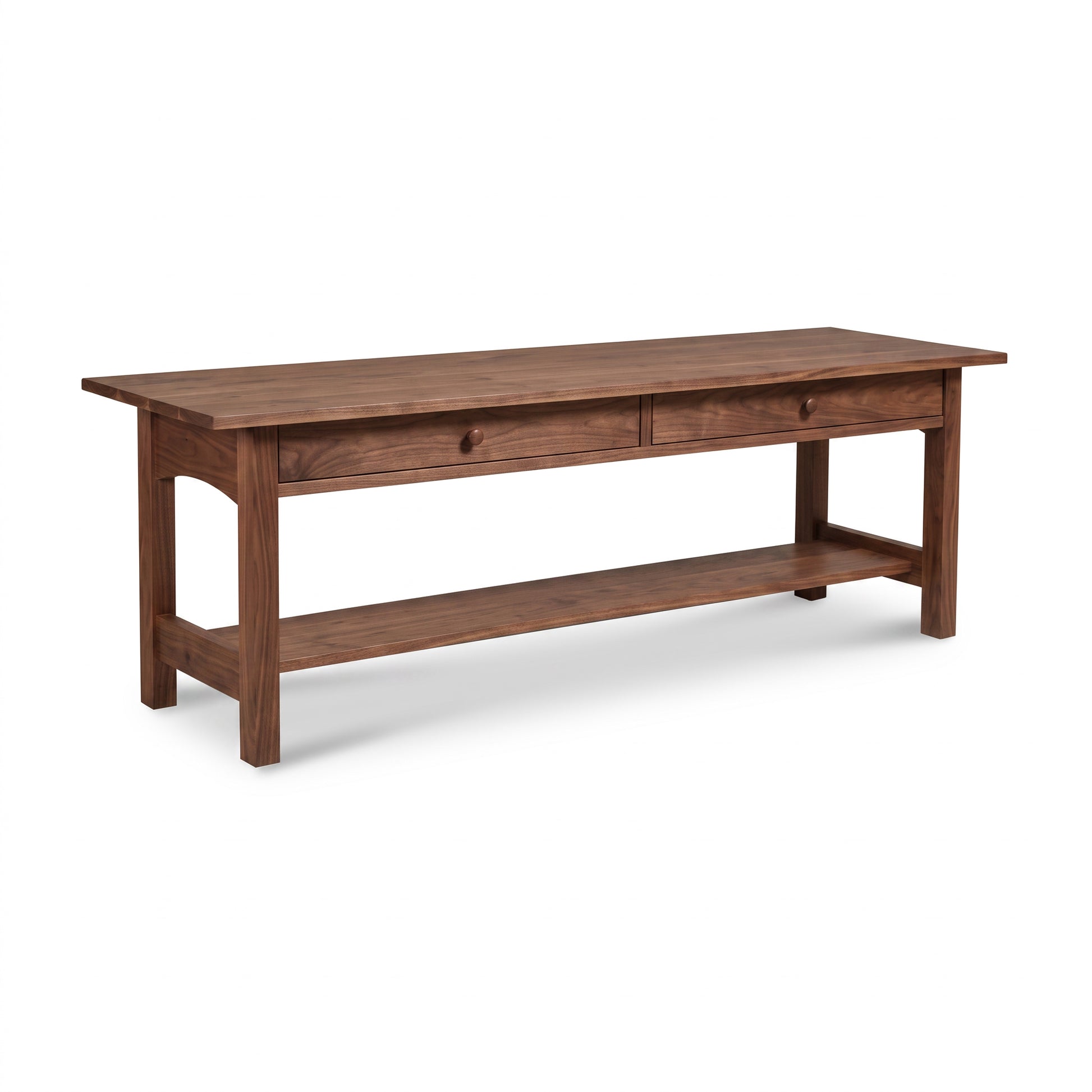 Burlington Shaker 2-Drawer Coffee Table, handcrafted in Vermont, showcases solid wood, two drawers, and an open shelf. American made quality.