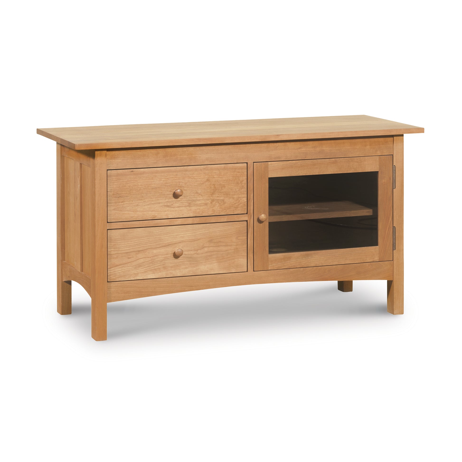 A Vermont Furniture Designs Burlington Shaker Two Drawer Media Console with a shelf, isolated on a white background.