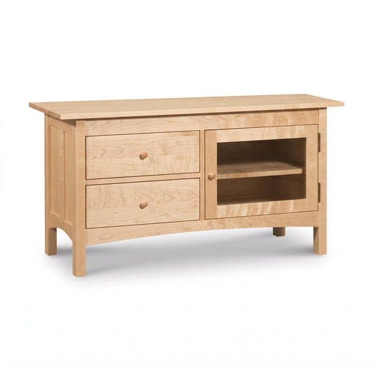 Burlington Shaker Media Console by Vermont Furniture Designs in light wood with two drawers and a glass cabinet, handcrafted for stylish TV storage.