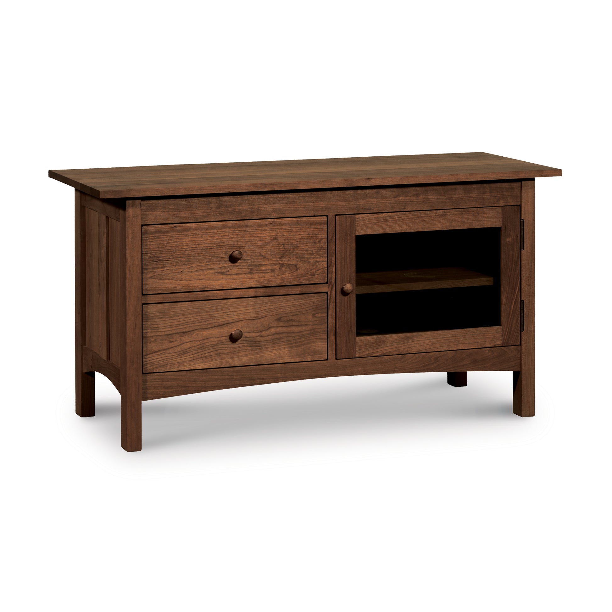 Burlington Shaker Two Drawer Media Console crafted in a Vermont Furniture Designs Shaker Style as a natural cherry solid wood entertainment cabinet, on a white background.