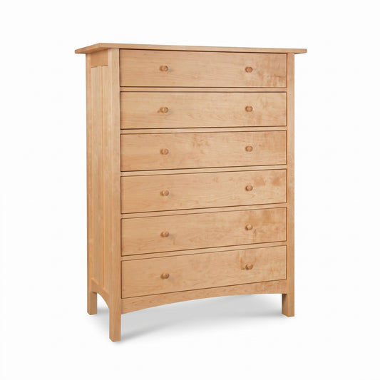 Burlington Shaker 6-Drawer Chest by Vermont Furniture Designs featuring solid light wood, classic round knobs, and short legs. American made quality craftsmanship.