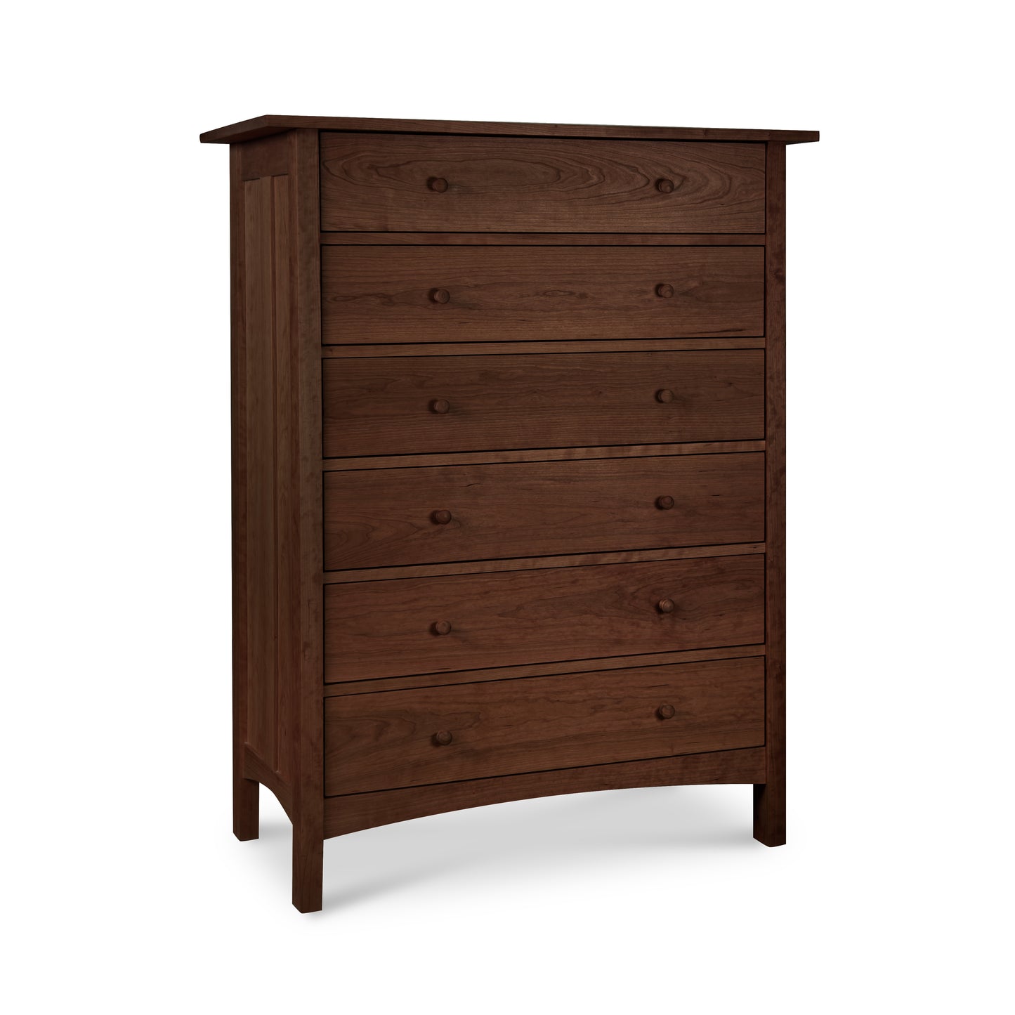 A solid wood six-drawer Burlington Shaker Chest from Vermont Furniture Designs with a simple design and round handles on a white background.