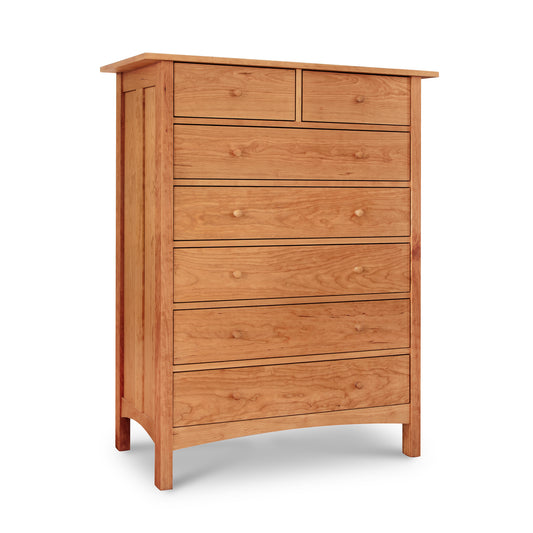 Heartwood Shaker 7-Drawer Chest by Vermont Furniture Designs features 2 small and 5 large drawers with round wooden knobs, handcrafted from solid wood.