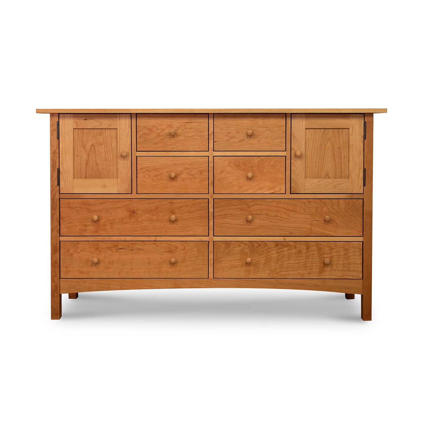 Burlington Shaker Dresser by Vermont Furniture Designs featuring 3 small top drawers, 6 large drawers, and 2 side doors in a light finish.