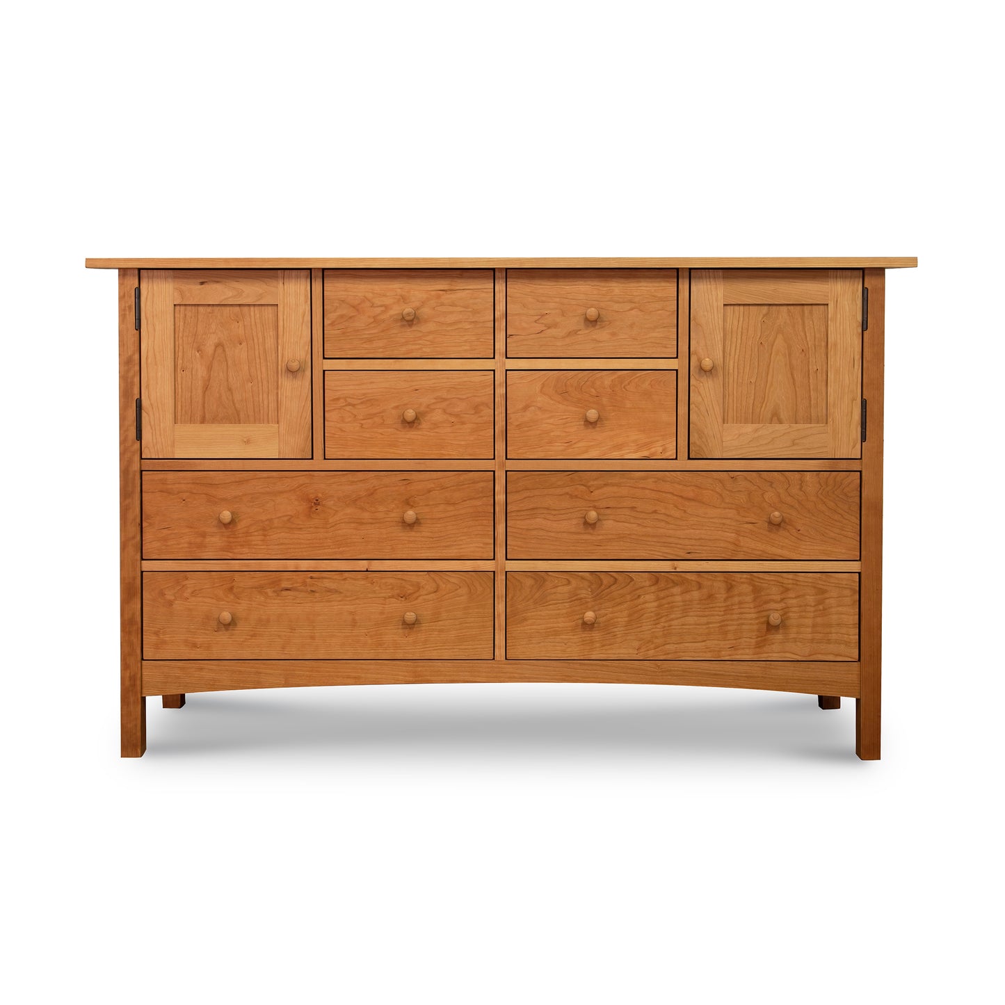 A Burlington Shaker 8-Drawer 2-Door Dresser by Vermont Furniture Designs with multiple drawers and round knobs, isolated on a white background.