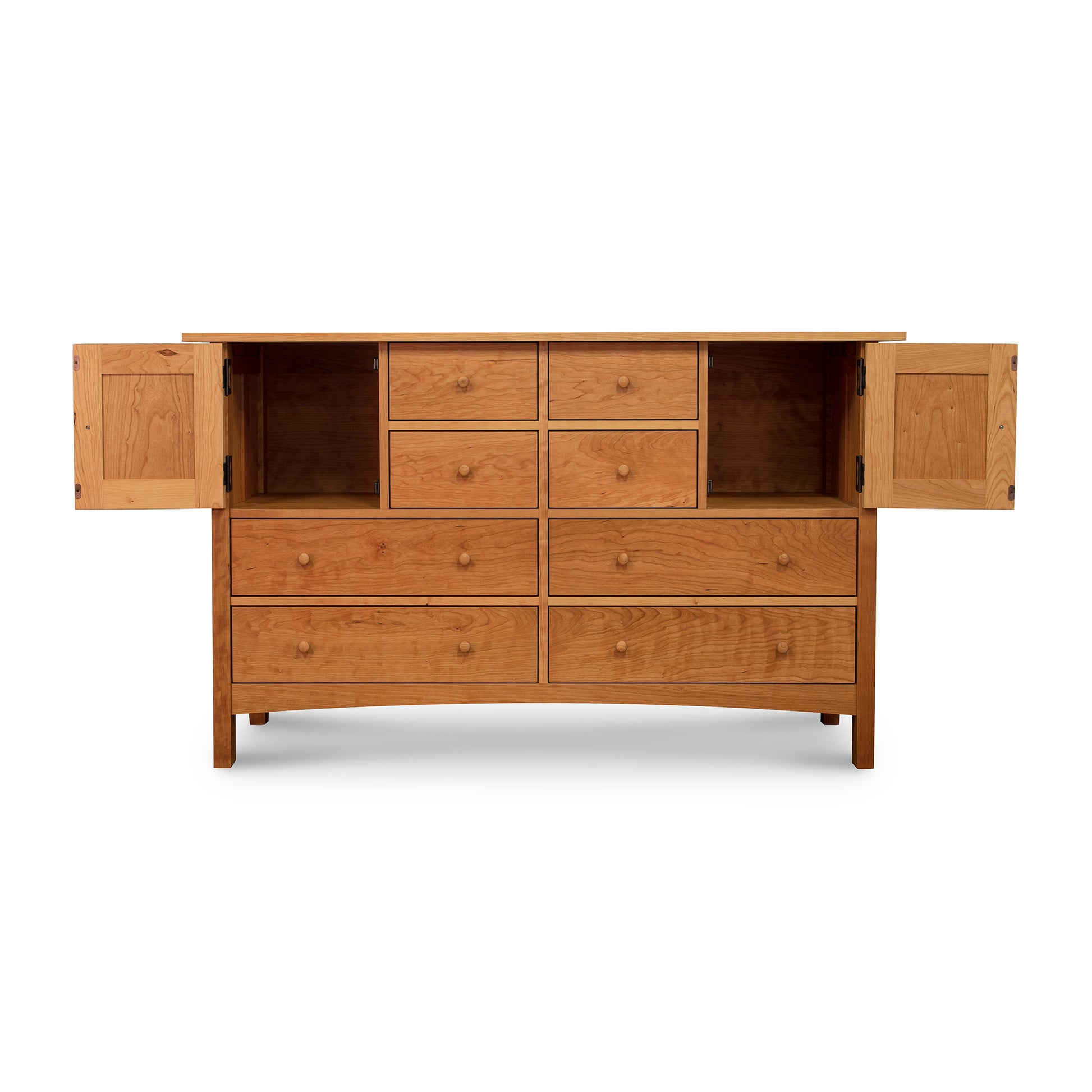 Vermont Furniture Designs Burlington Shaker 8-Drawer 2-Door Dresser with open drawers and cabinets against a white background.