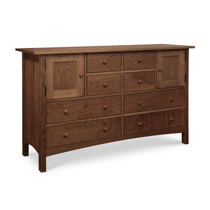 Burlington Shaker 8-Drawer 2-Door Dresser by Vermont Furniture Designs with a natural finish, highlighting handcrafted quality and elegant wooden knobs on drawers and doors.