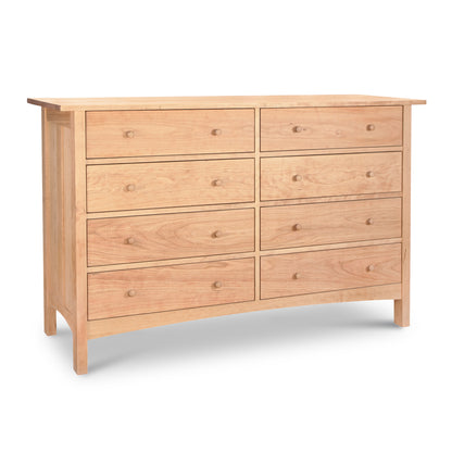 Burlington Shaker 8-Drawer Dresser in light wood with round knobs, handcrafted and embodying classic Shaker style from Vermont Furniture Designs.