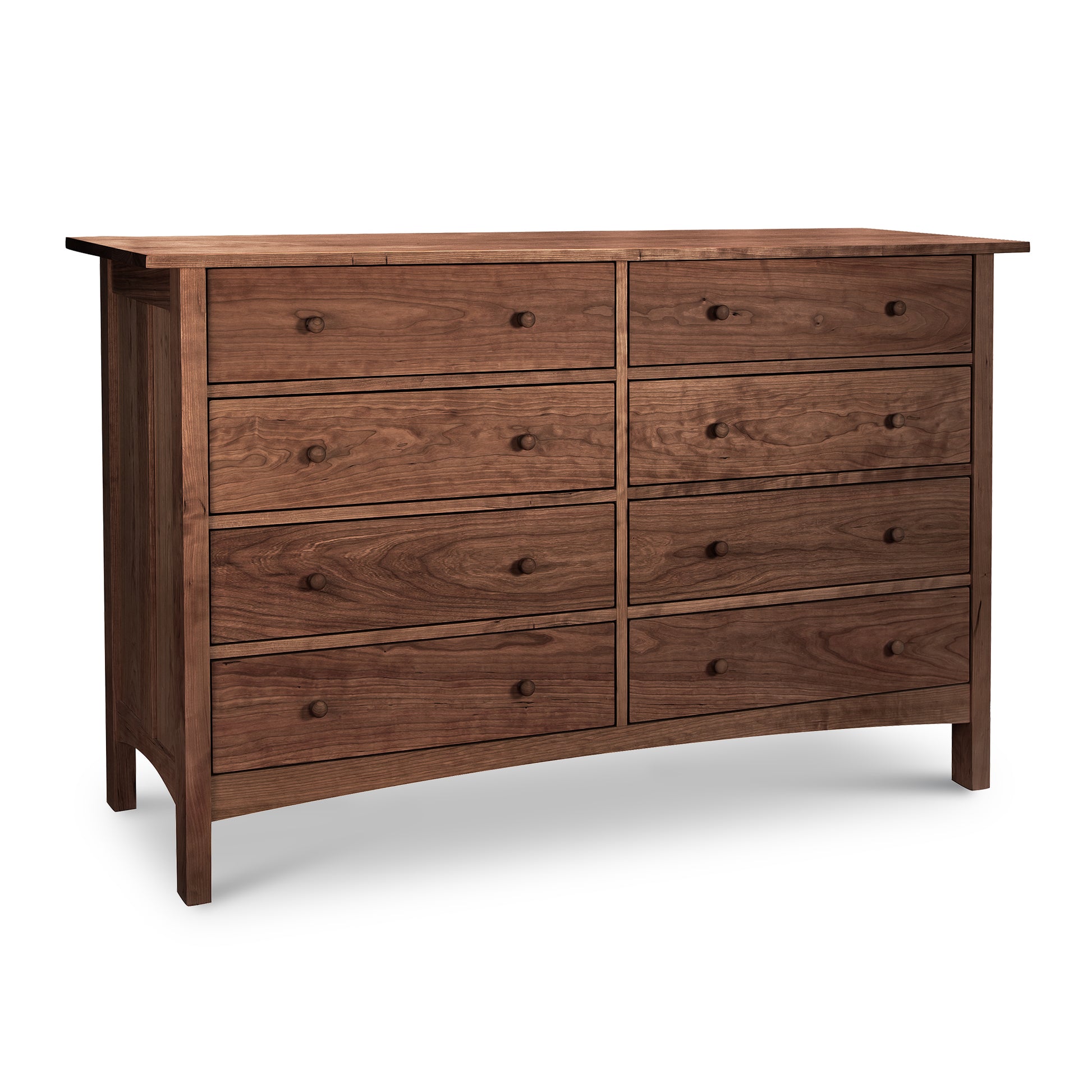 Burlington Shaker 8-Drawer Dresser from Vermont Furniture Designs with round knobs and natural brown finish, handcrafted in Vermont.