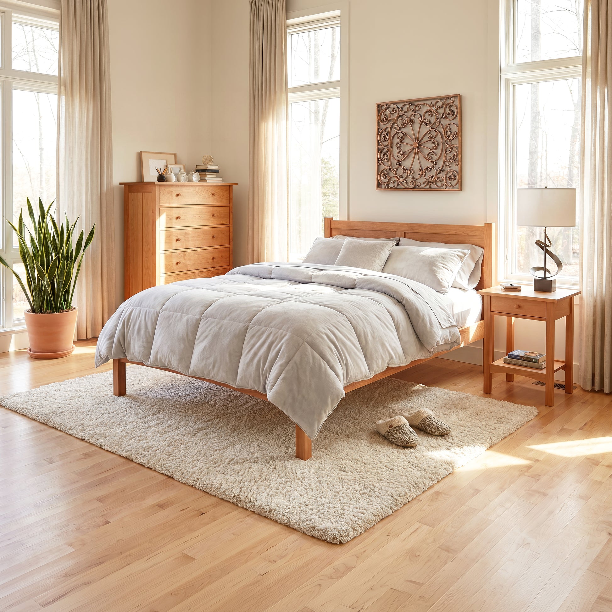 Vermont Furniture Designs Essex Low Footboard Bed with light bedding crafted in solid wood, showcasing exceptional craftsmanship and timeless design.