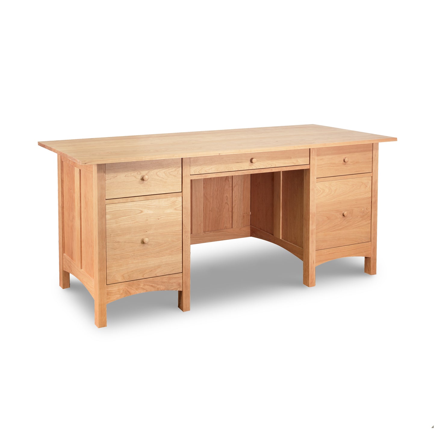 Burlington Shaker Executive Desk by Vermont Furniture Designs, with three drawers on one side and a cabinet on the other, isolated on a white background.