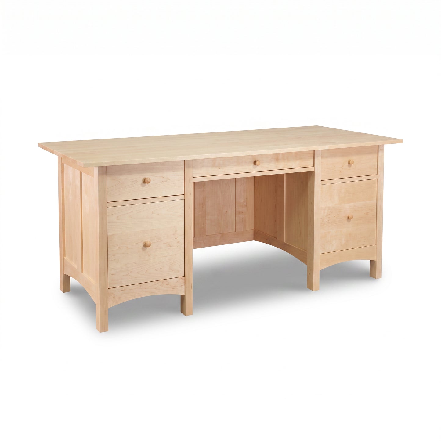 Burlington Shaker Executive Desk in light wood by Vermont Furniture Designs, highlighting five drawers and open seating.