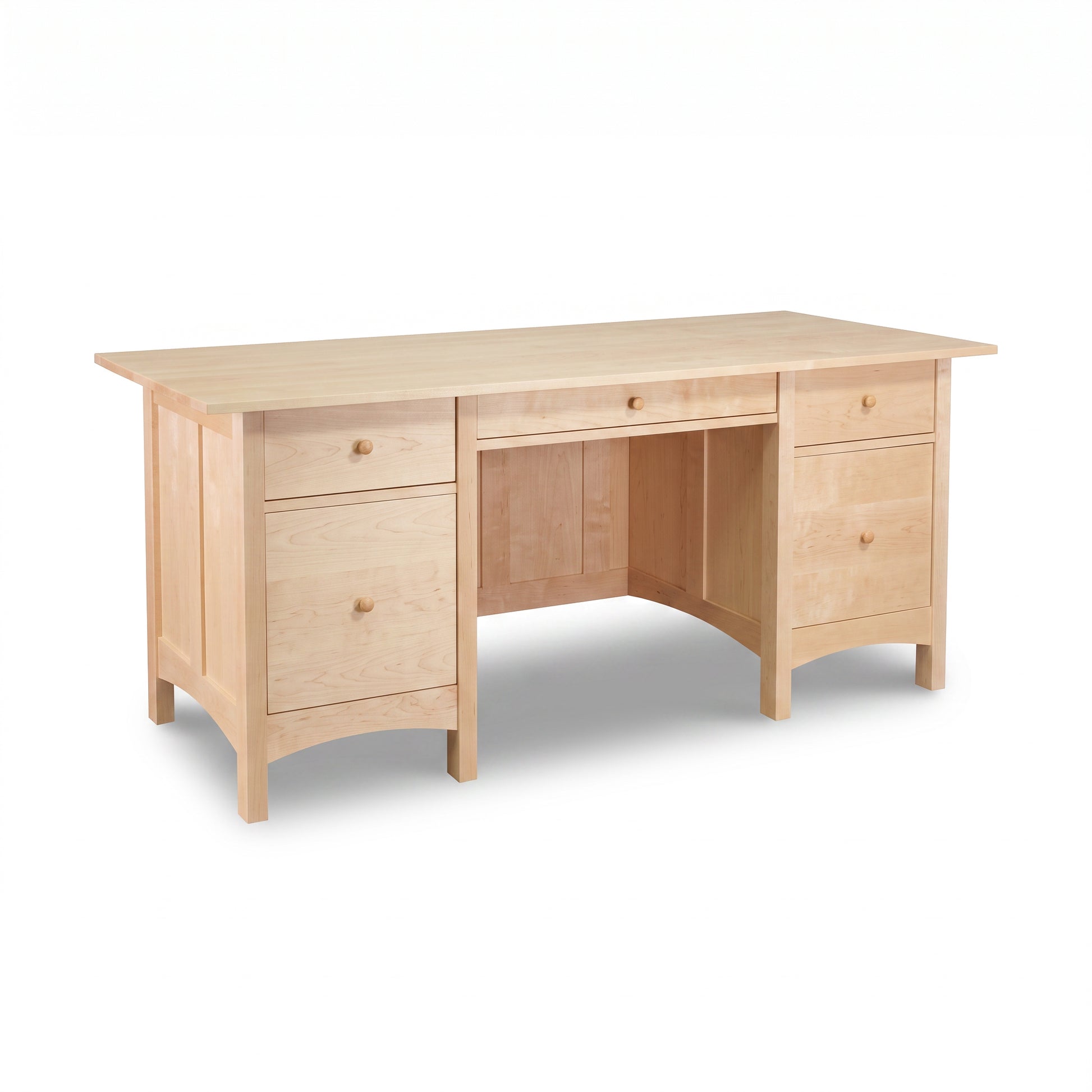 Burlington Shaker Executive Desk in light wood by Vermont Furniture Designs, highlighting five drawers and open seating.
