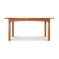 A rectangular wooden dining table with a light brown, eco-friendly oil finish. The table features straight legs and a smooth surface. This minimalist and functional piece is crafted by Vermont Furniture Designs, inspired by the Burlington Shaker Extension Dining Table - 40"x60" - Floor Model design.