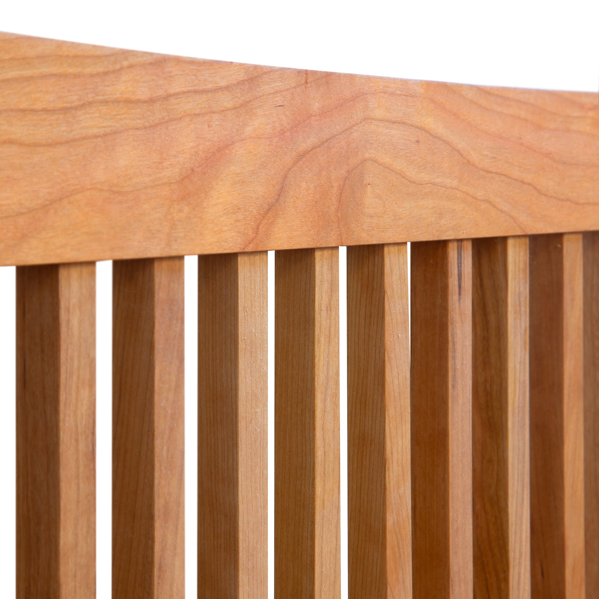 Close-up of the Burlington Shaker High Footboard Bed wooden headboard, expertly handcrafted in Vermont from solid wood by Vermont Furniture Designs.