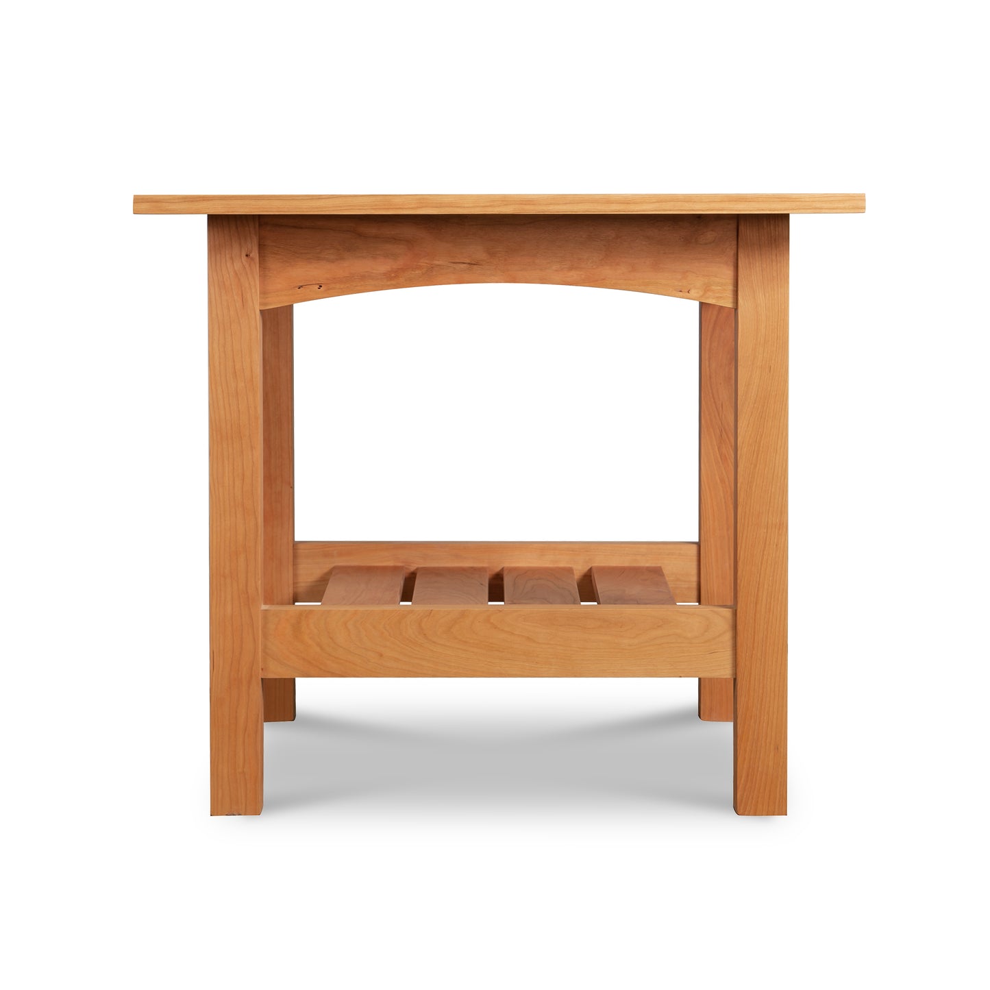 A Burlington Shaker Lamp Table by Vermont Furniture Designs, featuring a solid wood end table with a simplistic design and an open lower shelf, shown against a white background.