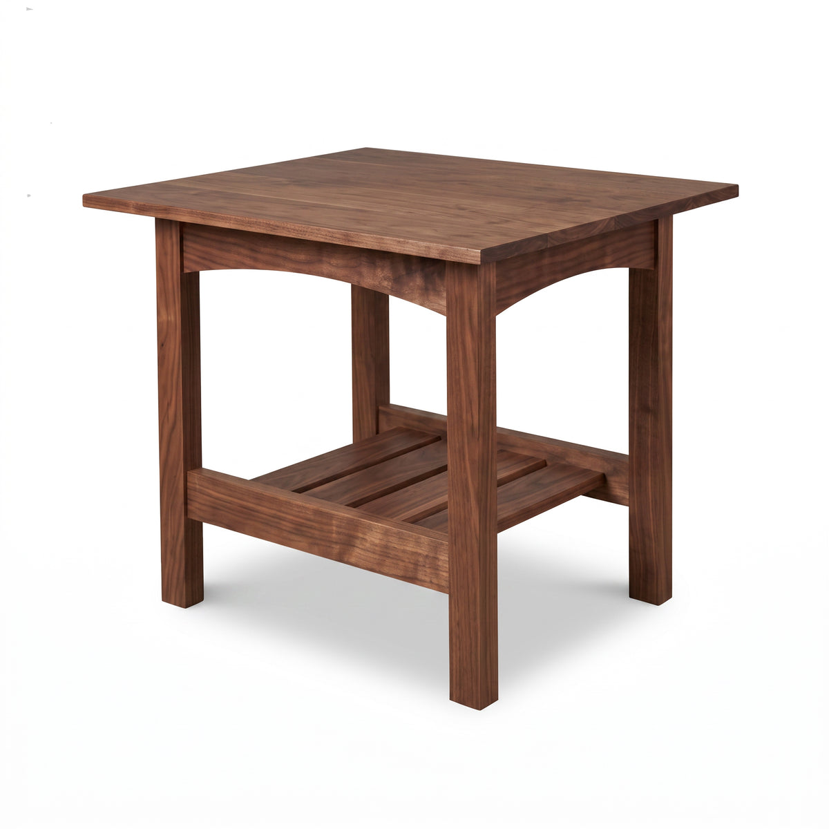 Burlington Shaker Lamp Table by Vermont Furniture Designs, crafted in solid wood with arched support, slatted shelf, and classic handmade detailing.