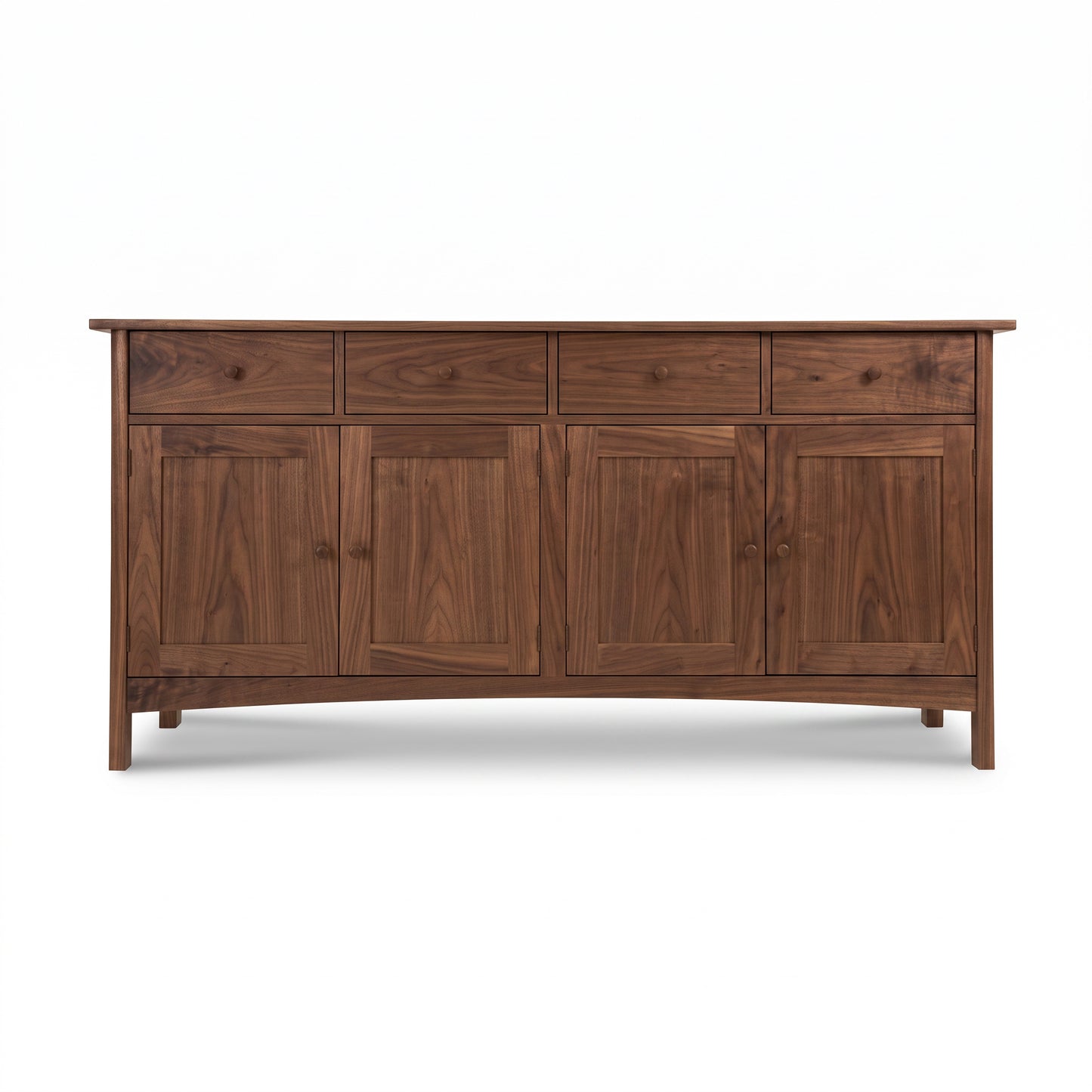 Burlington Shaker Long Sideboard by Vermont Furniture Designs with four drawers, four cabinet doors, and round knobs, crafted in solid wood.