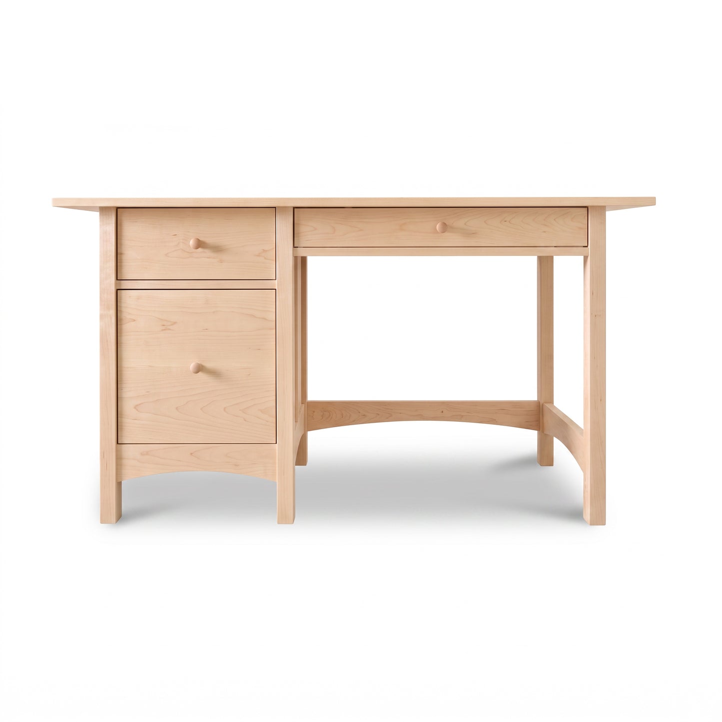Burlington Shaker Study Desk by Vermont Furniture Designs in light wood with two left drawers and open right-side seating, crafted in America.