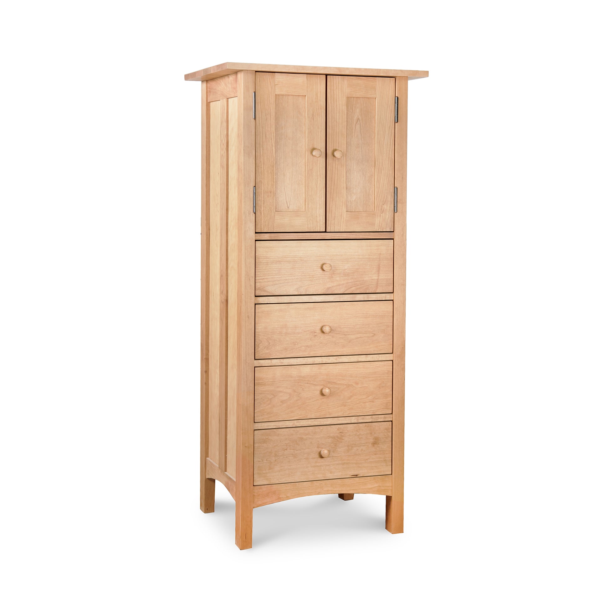 A Burlington Shaker tall wooden cabinet with drawers on top, serving as a Vermont Furniture Designs solid wood tall storage chest.