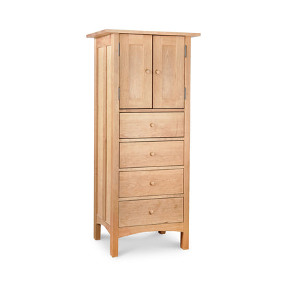 Burlington Shaker Tall Storage Chest by Vermont Furniture Designs, solid wood with natural finish, two doors on top, four drawers below with round knobs.