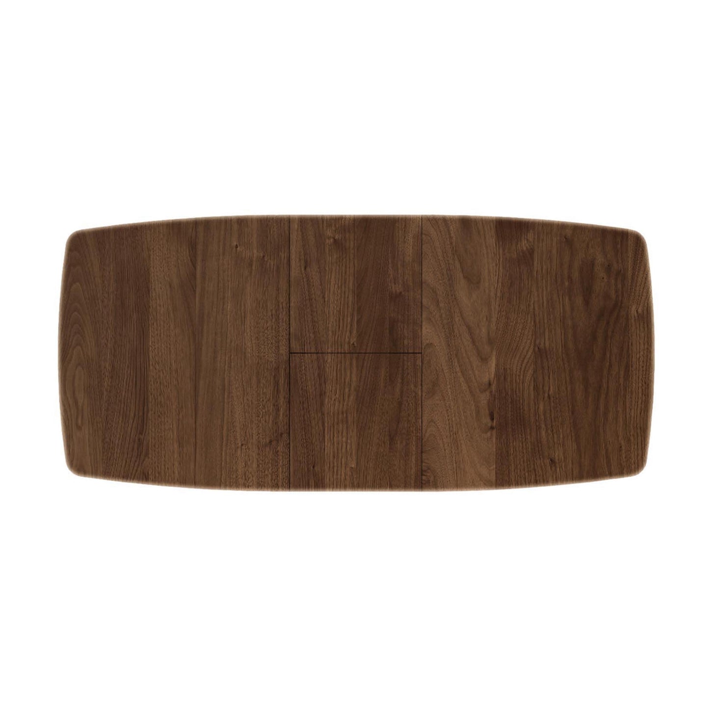 Top-down view of a Copeland Furniture Butterfly Extension Dining Table made from sustainably sourced American hardwoods. The solid wood dining table features a rectangular tabletop with natural woodgrain patterns, constructed from multiple wooden panels with slightly rounded edges and a dark brown finish. Perfect for modern dining rooms and American-made furniture enthusiasts.