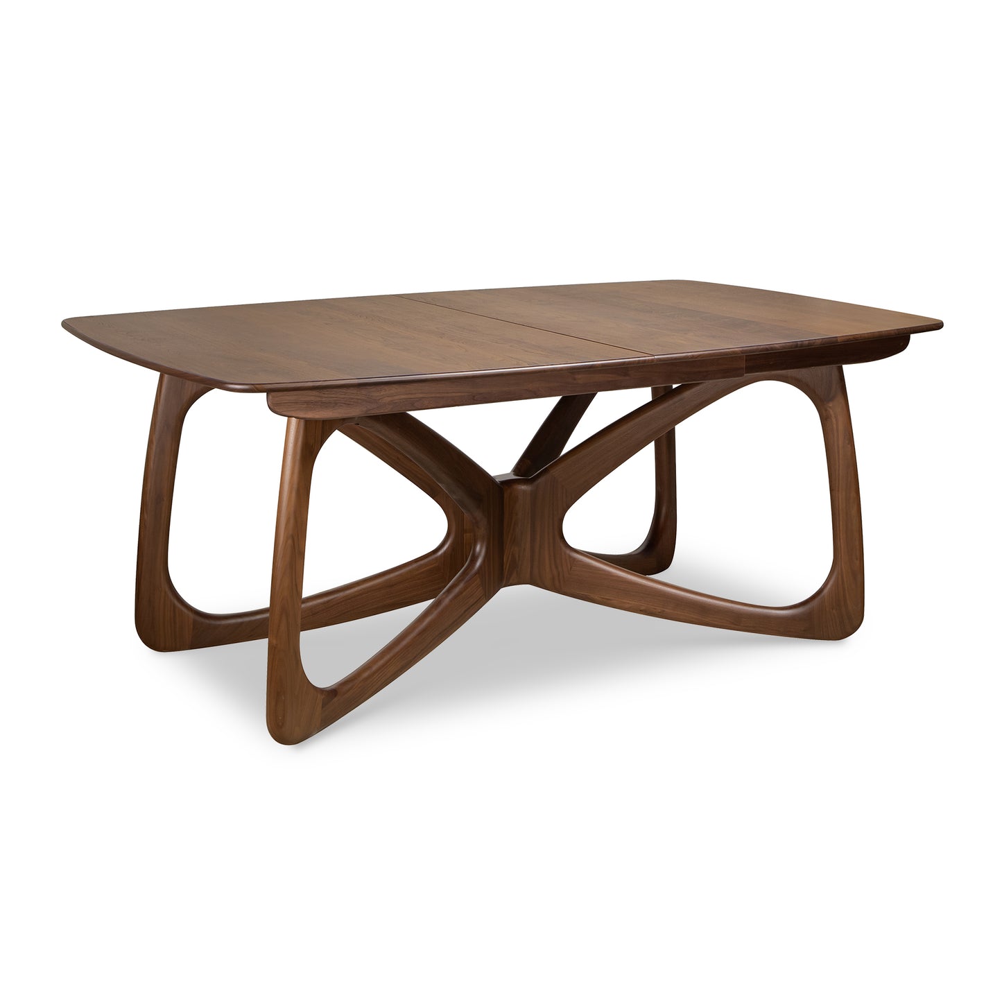 Copeland Butterfly Extension Dining Table with sculptural X-legs, crafted from sustainable hardwood and finished in a rich dark tone.
