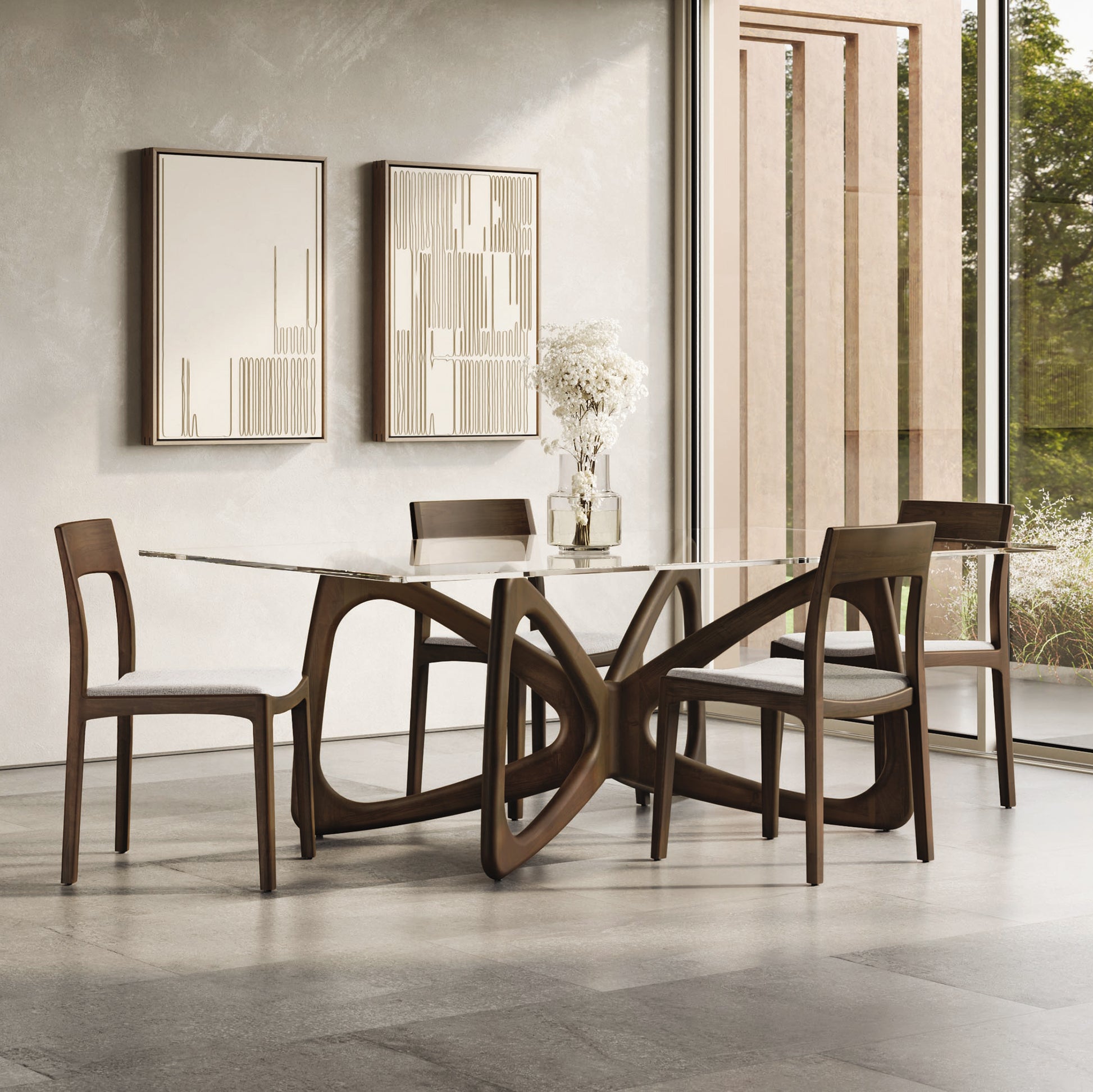 Copeland Butterfly Glass Top Dining Table with four hardwood chairs, showcasing modern design and fine craftsmanship.