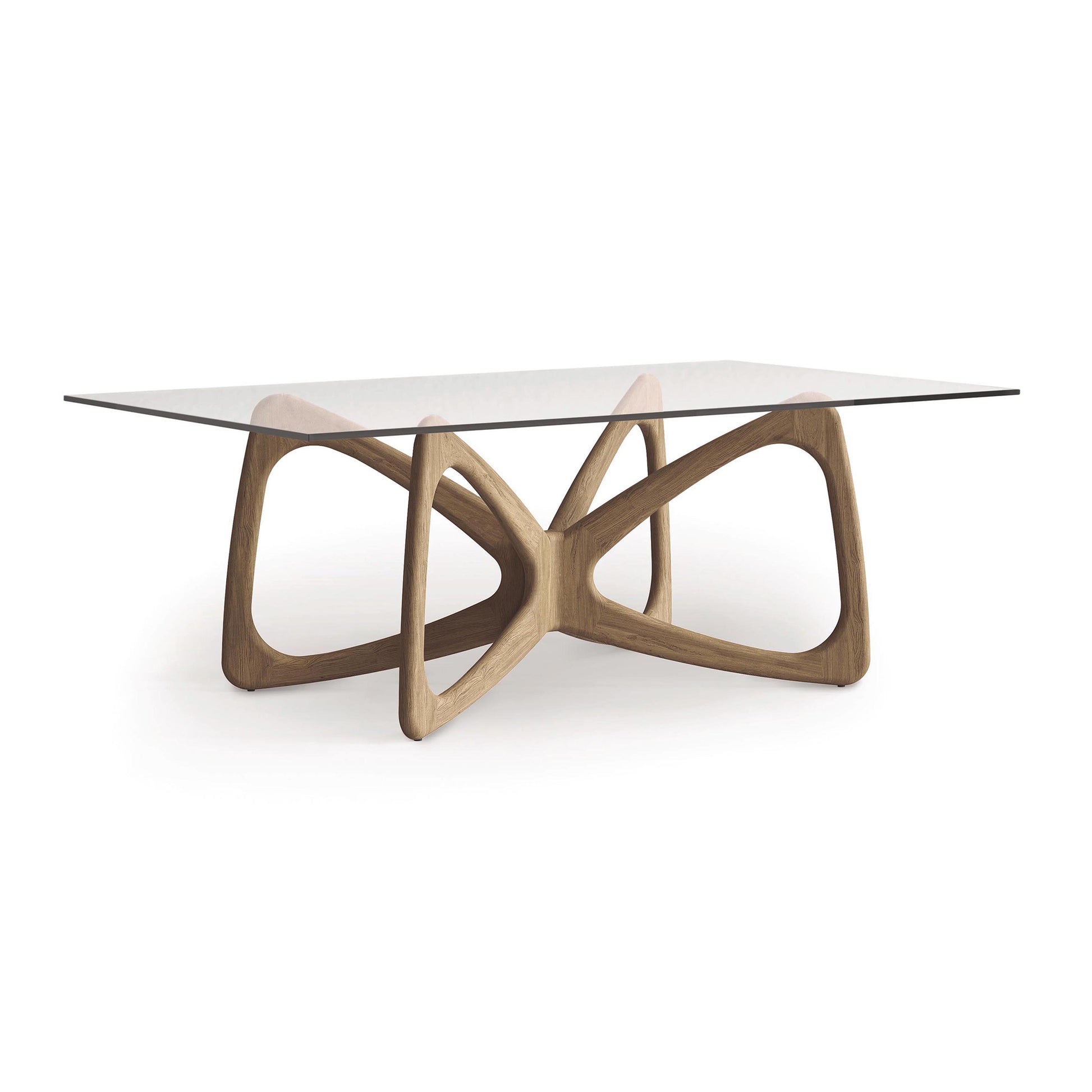 A contemporary coffee table showcasing an interlocking wooden base made from sustainably sourced North American hardwoods, complete with a rectangular glass surface. This piece reflects the Copeland Furniture style with its smooth, curved natural wood finish reminiscent of a Butterfly Glass Top Dining Table.