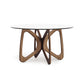 Butterfly Round Glass Top Table by Copeland Furniture with a white glass surface and sculptural hardwood base, handcrafted in America.