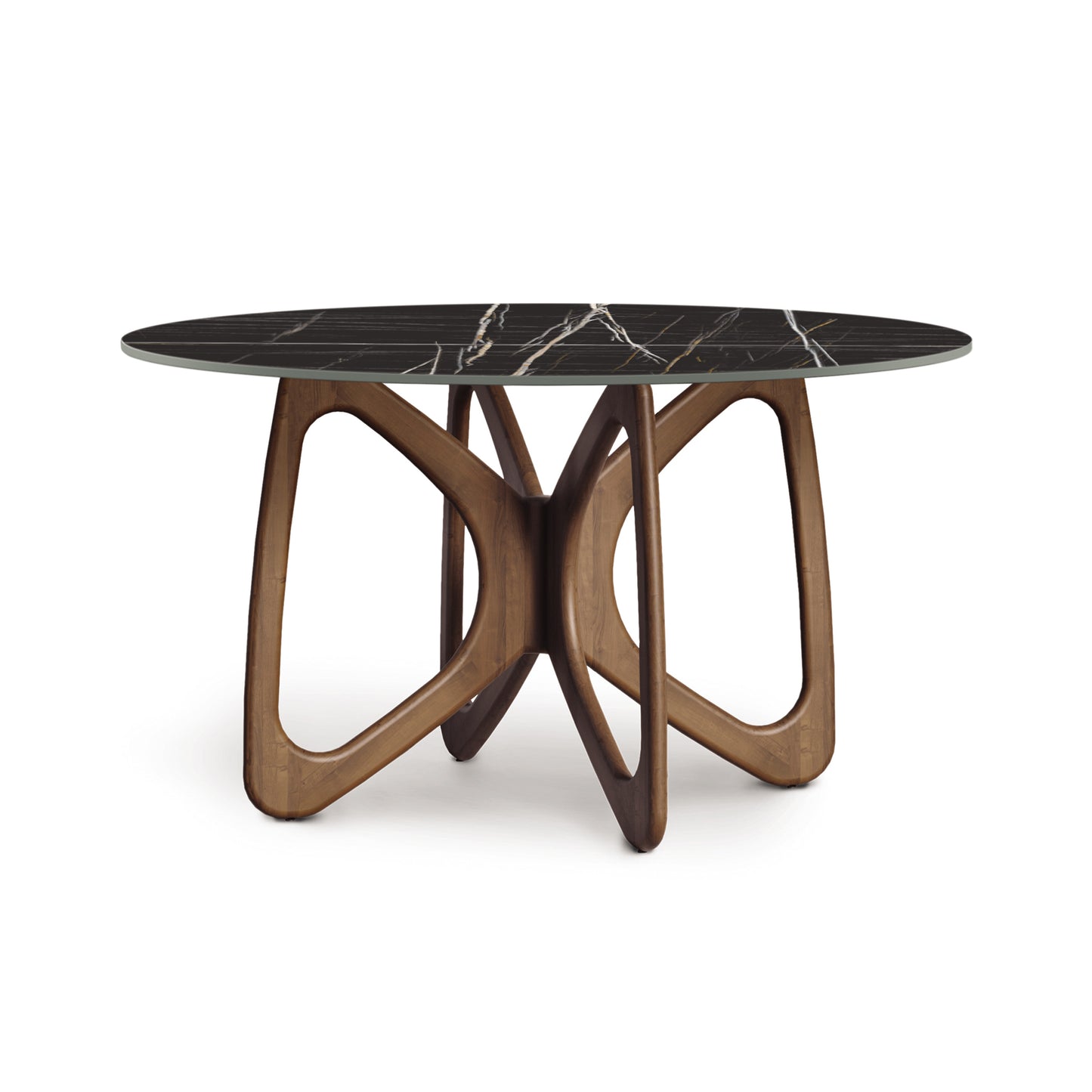 Copeland Furniture Butterfly Round Table with dark marble-like sintered stone top and geometric interlocking oval base.