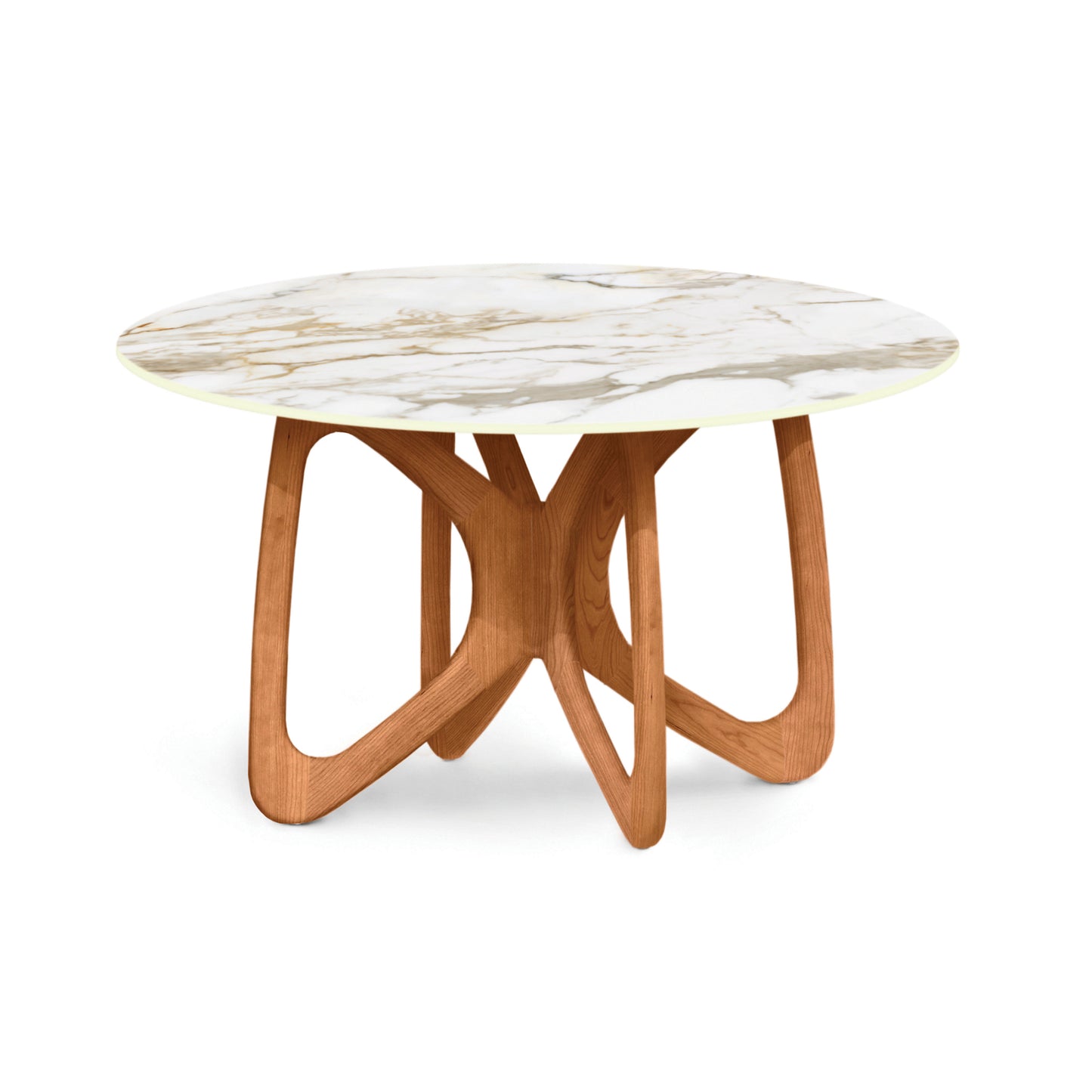 Butterfly Round Sintered Stone Top Table by Copeland Furniture with interlocking curved wood legs and a durable, eco-friendly stone top.